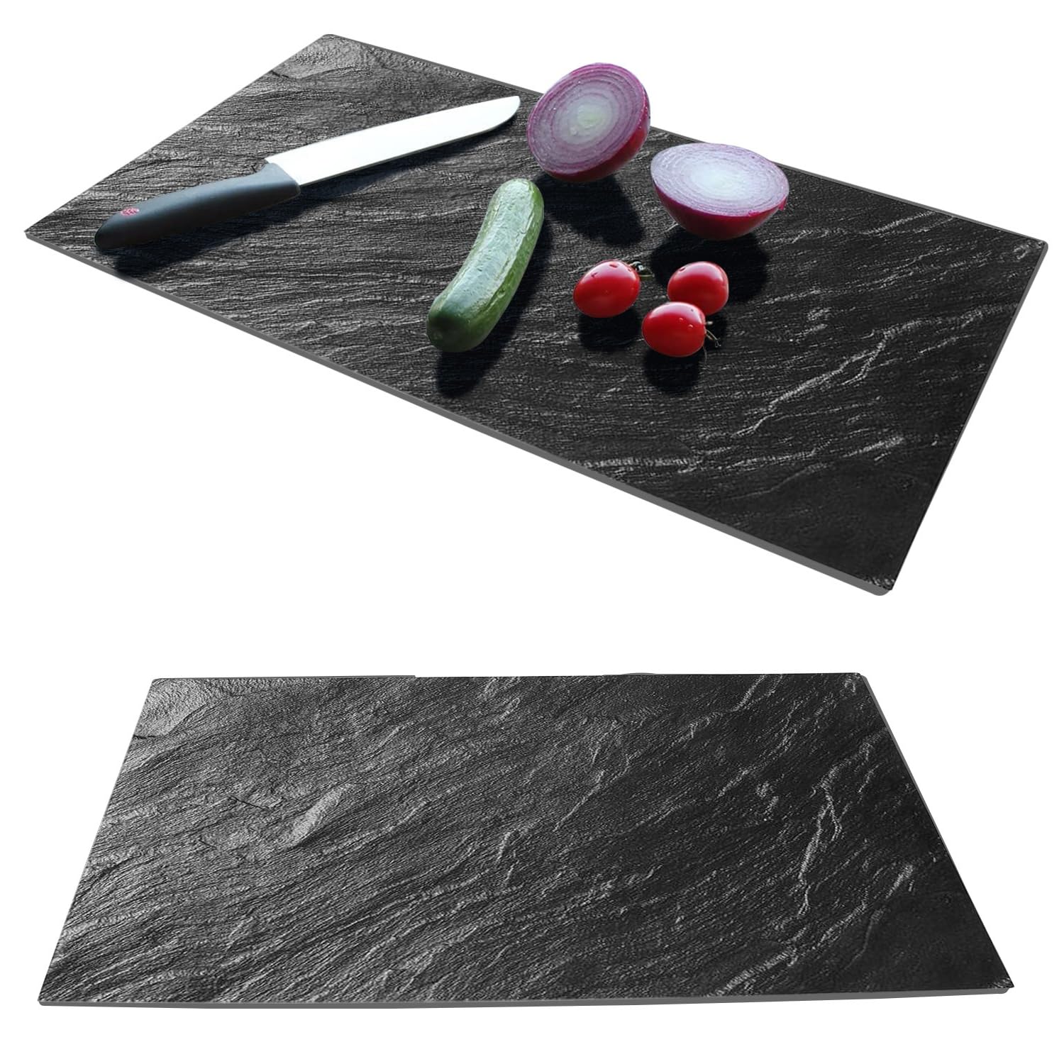 Set of 2 Glass Chopping Boards - 2pcs Universal Hob Cover Worktop Savers for Induction, Ceramic & Electric Stove - Non-Slip Tempered Glass Cutting Board - Black Slate Marble