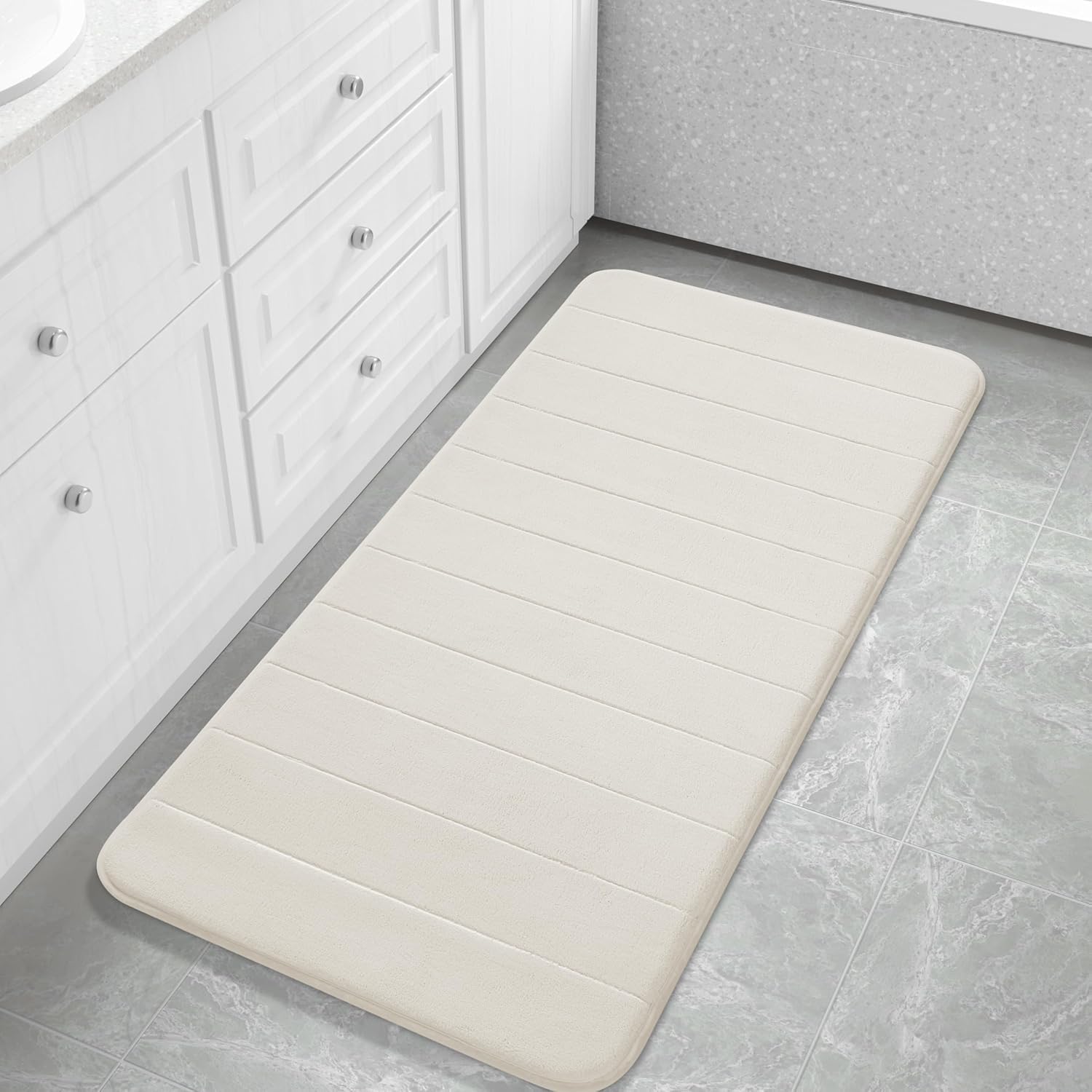 Yimobra Memory Foam Bath Mat 112 x 61 cm, Non Slip Bathroom Mat, Soft Absorbent Quick Dry Bath Rug, Machine Washable for Shower, Sink and Bathroom, Cream