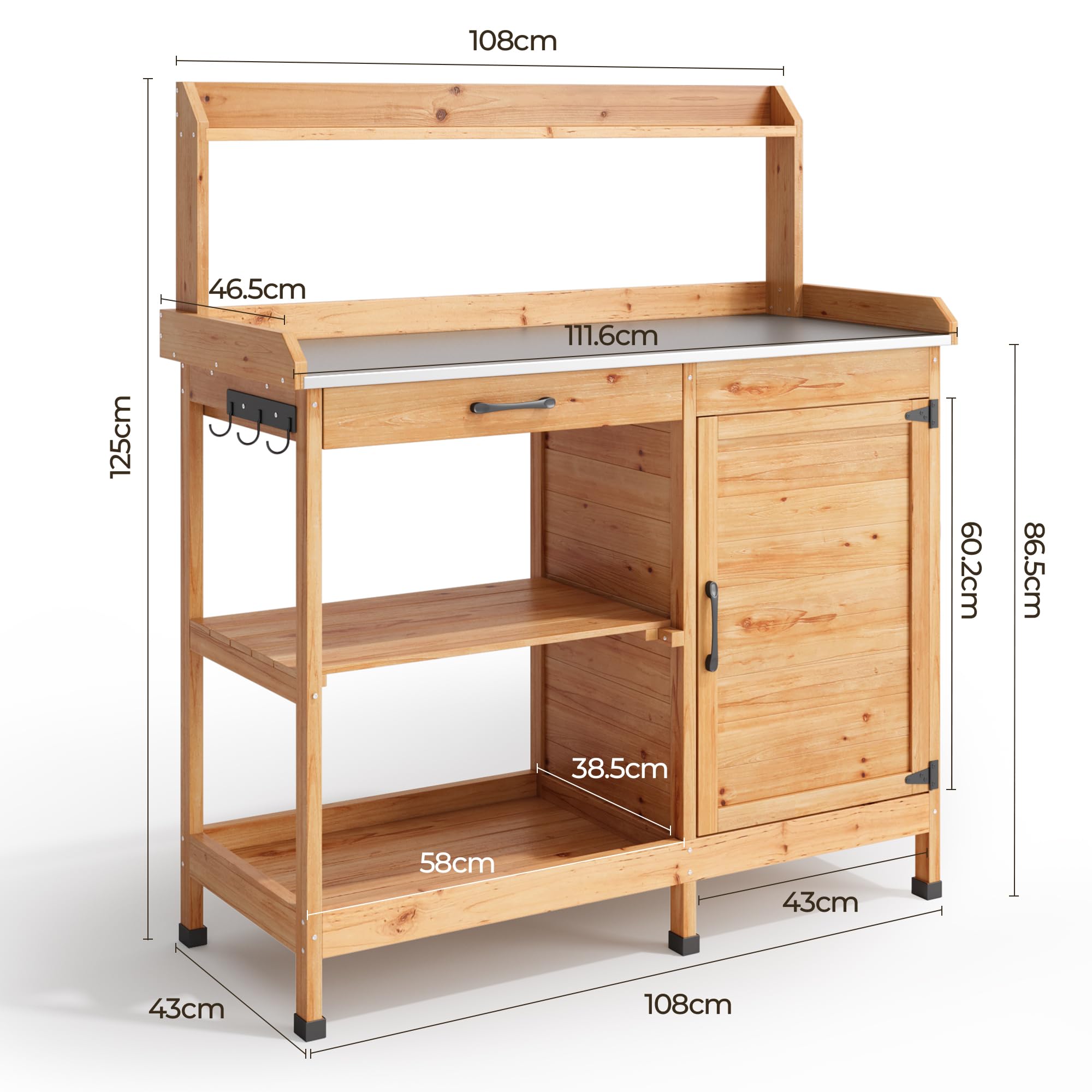 Gärtnertisch, Pflanztisch mit Schubladen & Unterschrank, Garten Arbeitstisch aus Holz mit verzinkter Arbeitsplatte, für Garten, Balkon, Terrasse, 112x46x125 cm, Natur