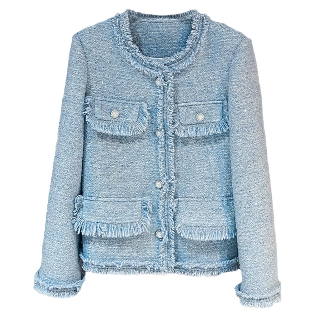 cotzfoz Womens Wool Tweed Jackets Sequined Tassel Coat Fall Winter Outwear