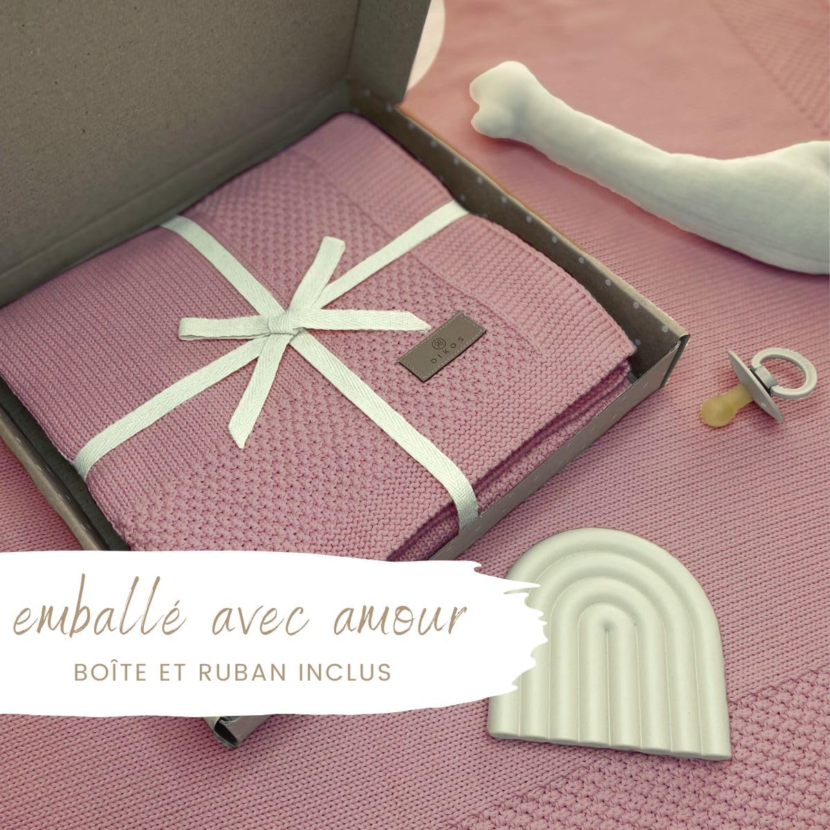 Couverture Bébé 100% Coton Bio GOTS - 75x100cm - Tricotée Douce - Rose Ou Gris - Cadeau Naissance