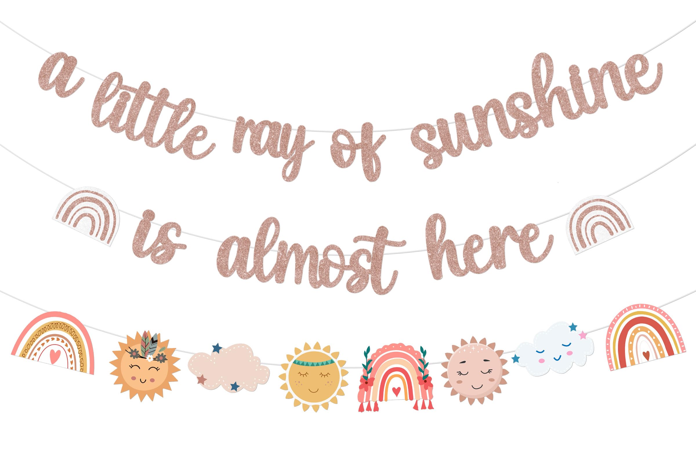 kreat4joy Boho Rainbow Baby Shower Decorations Banner, a Little Ray of Sunshine Is Most Here Banner, Boho Sun Rainbow Garland Decorations for Girl Baby Shower