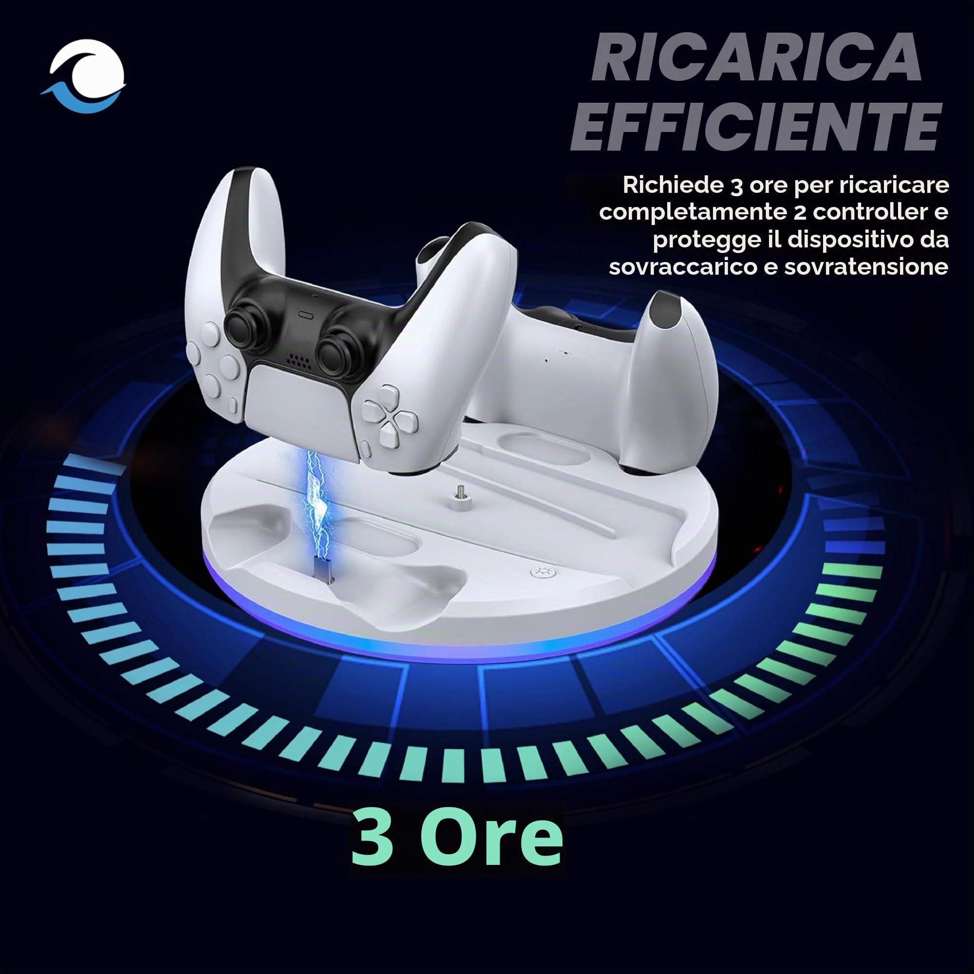 Supporto con caricatore Dual Controller per PS5 Slim - PlayStation 5 - Base di ricarica per Dual Controller e Supporto per Cuffie - Illuminazione RGB - Ricarica rapida - per Dual Sense e