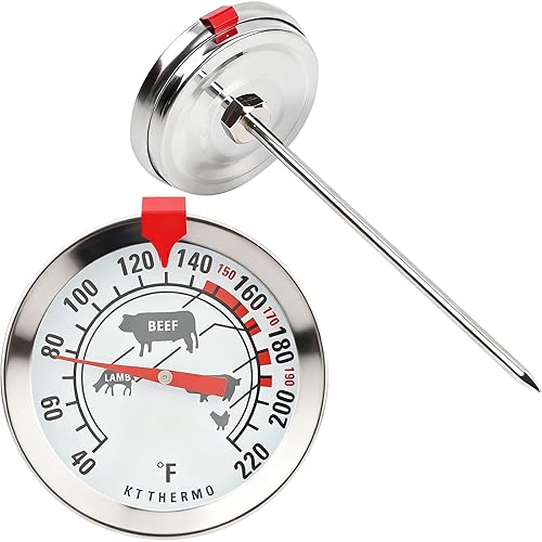 KT THERMO Termómetro de carne BBQ Dial de 2 pulgadas, sonda de acero inoxidable 304, rango de 40 F a 220 F, sonda de 4.3 pulgadas, carne de res,