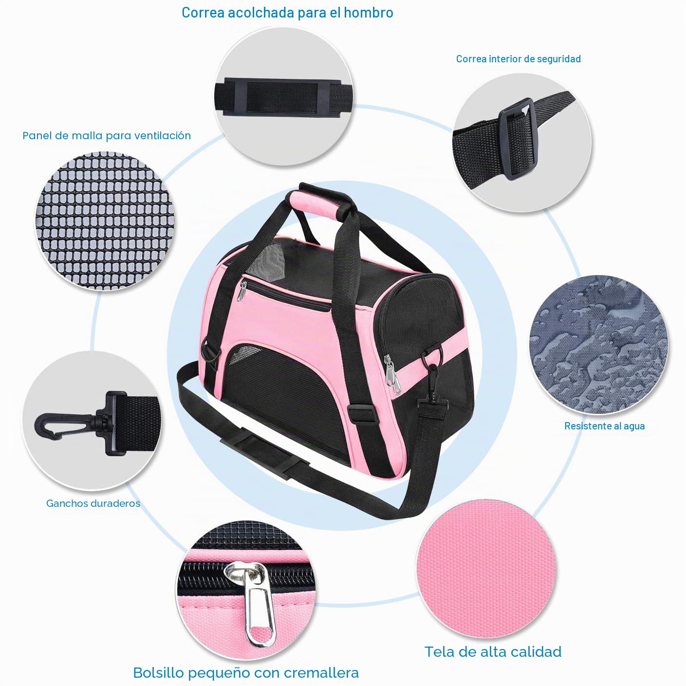 Trasportín de Viaje para Mascotas para Gatos Perros Conejos Hámster, Homologado para Aerolíneas Laterales Blandos Bolsa de Transporte para Perritos, Gatitos (M - 47x27x28 cm for MAX 5KG Pet, Rosa)