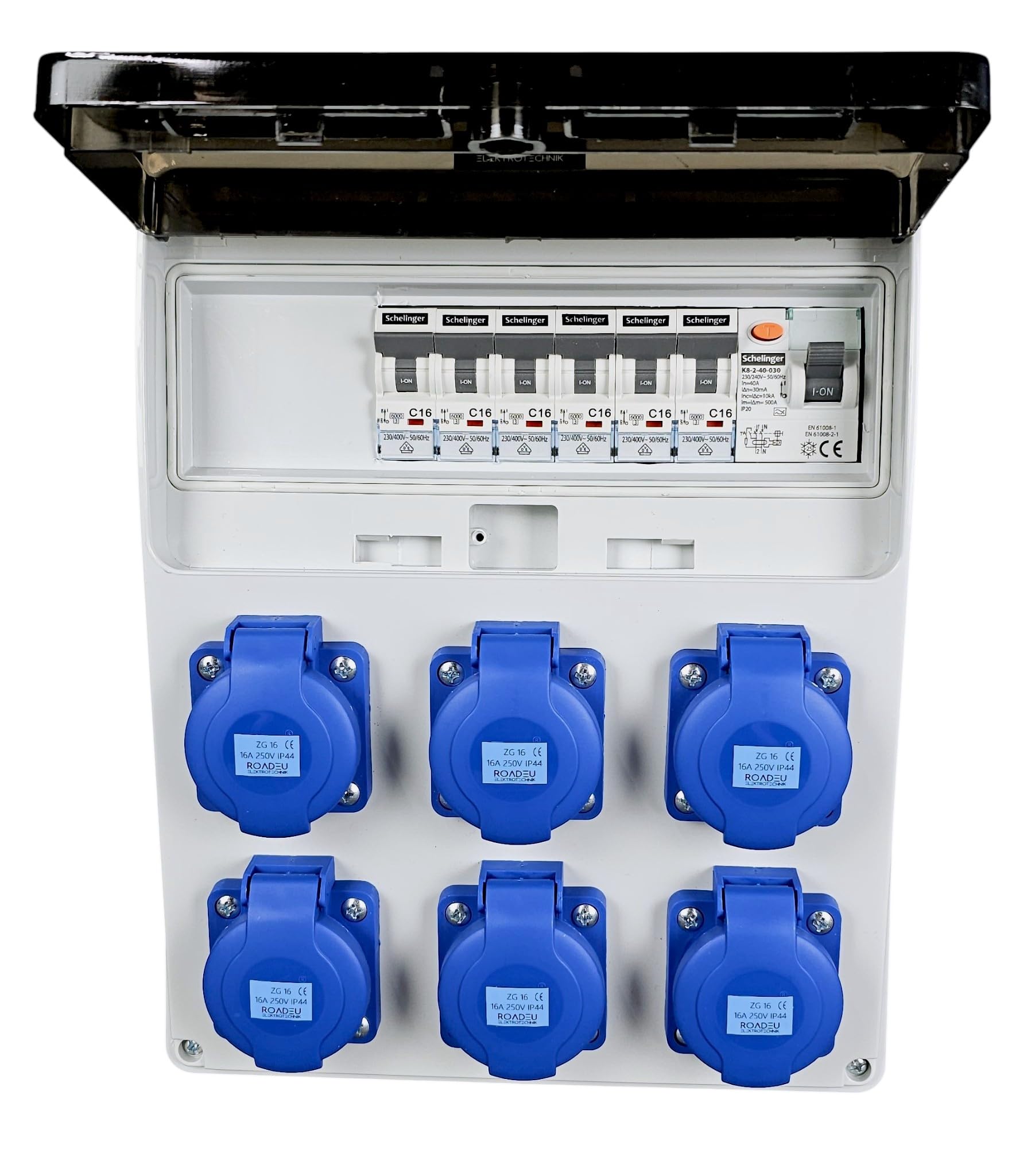 RoadEu Cuadro eléctrico 230V IP44 con diferencial y 6 tomas Schuko | Diferencial TÜV, 6 magnetotérmicos C16A VDE, cableado 2,5 mm², N+PE, PG16