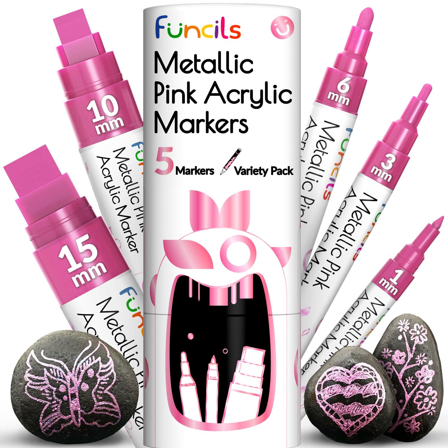 5 rotuladores acrílicos metálicos rosados, punta extrafina, fina y jumbo (1 mm, 3 mm, 6 mm, 10 mm, 15 mm), marcadores de pintura rosa para metal, rocas, plástico, lienzo, madera, tela, neumático,