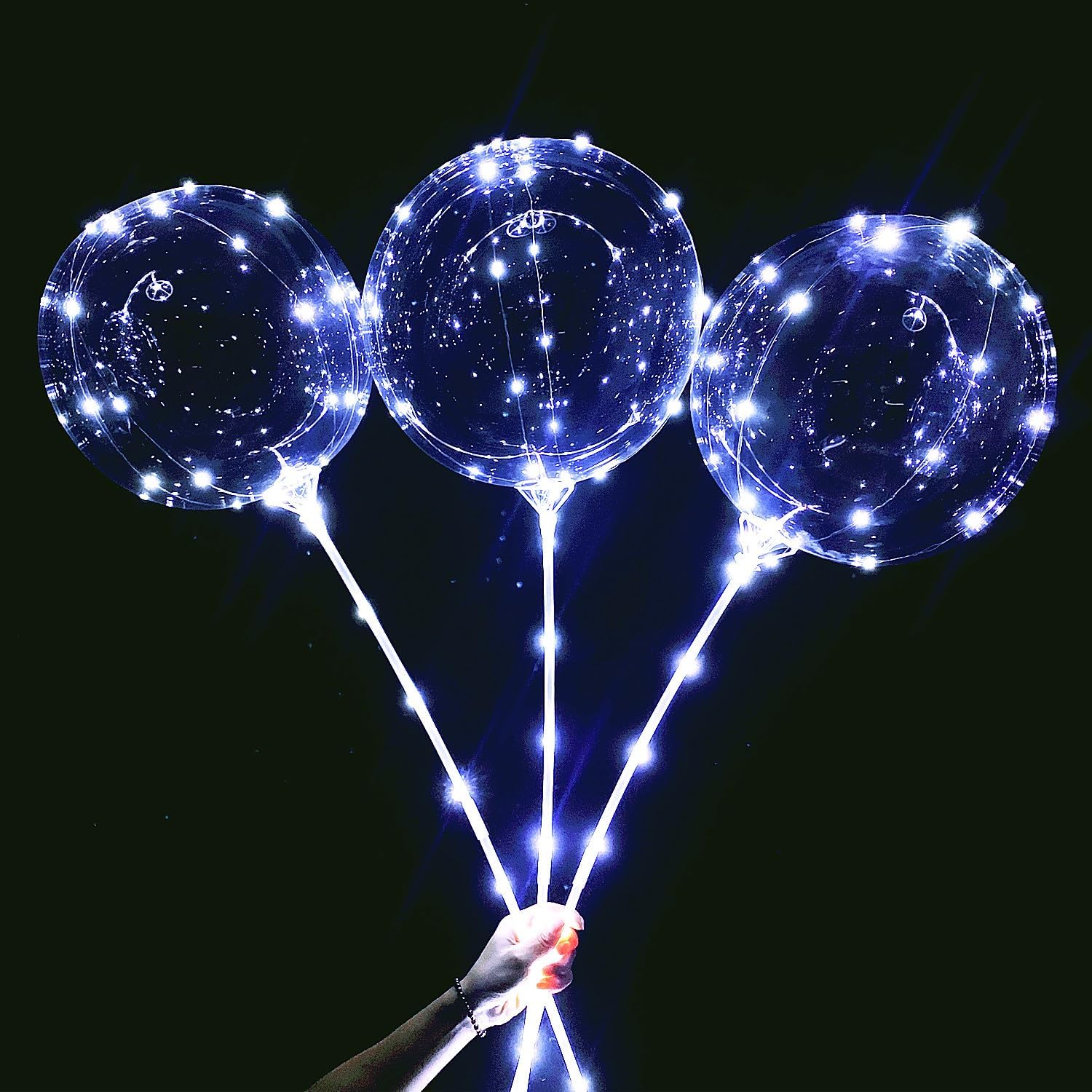 10 Pack LED Bobo Balloons with Stick and Pump,Transparent LED Light Up Balloons,with String Lights for Party Birthday Wedding Festival Decorations (White)