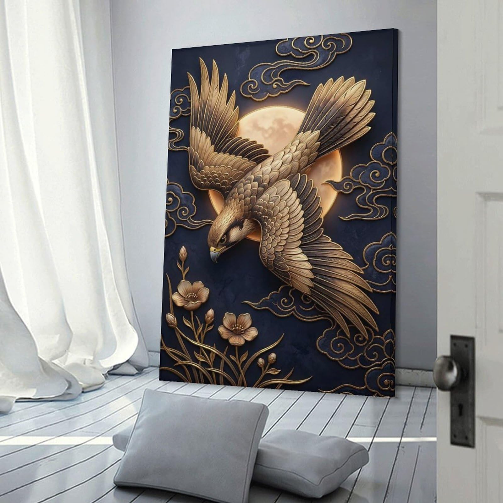 Junmoney Golden Falcon with Moon And Clouds Canvas Wall Decor 08x12inch(20x30cm), for Home Lounge, Bedroom Or Reading Nook, A Home Accent with Warm Character