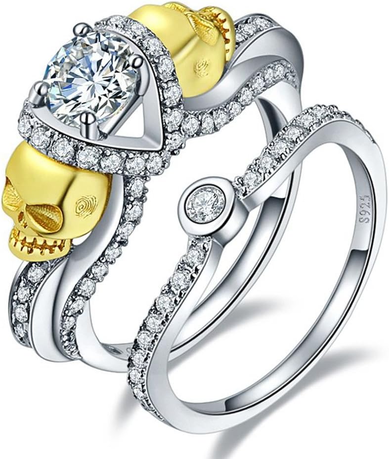 Jrose 18k Gold Skull 925 Sterling Silver Created Cubic Zirconia Anniversary Wedding Rings Set (7)