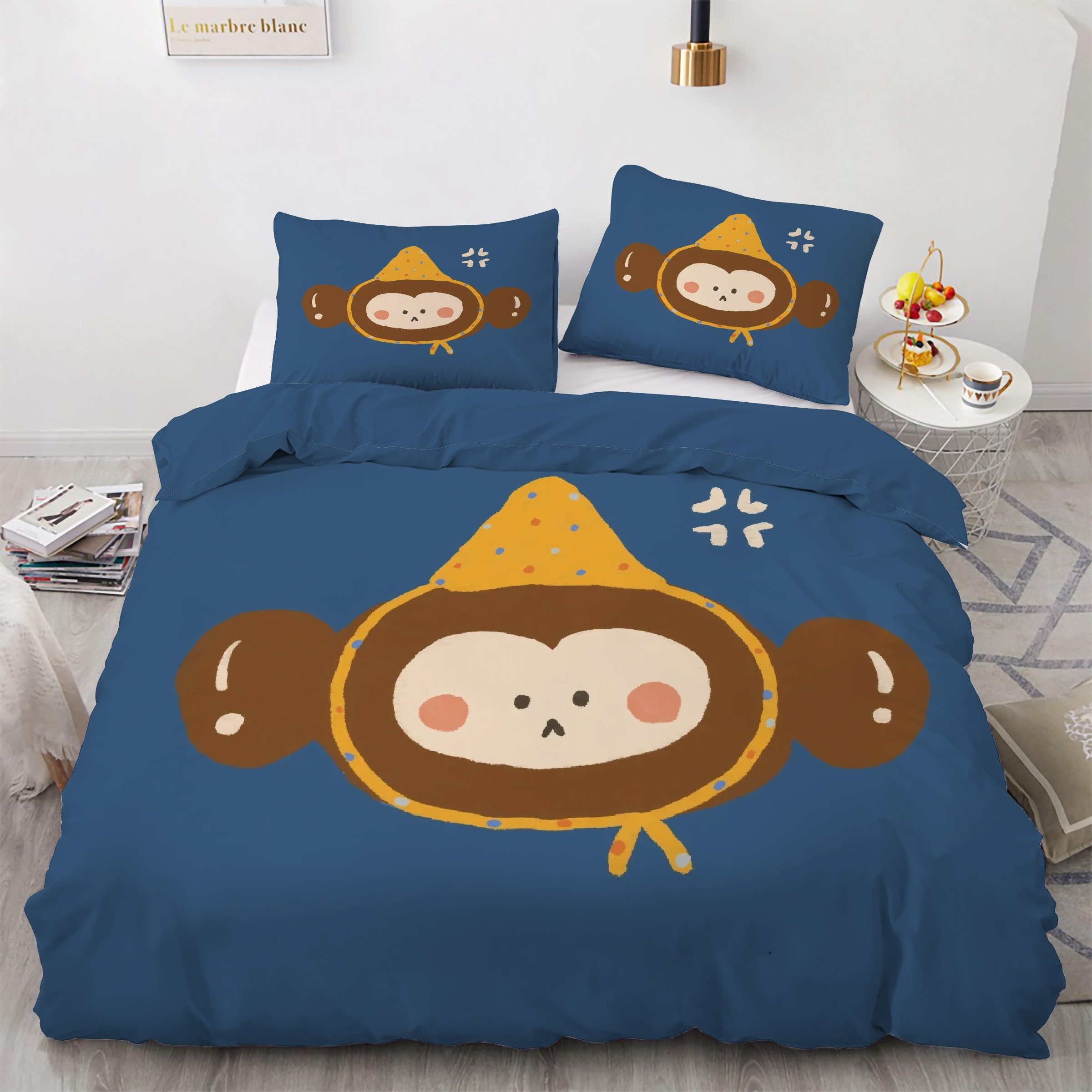 Housse de couette 220x240 singe à fermeture éclair invisible et parure de lit bleu infroissable