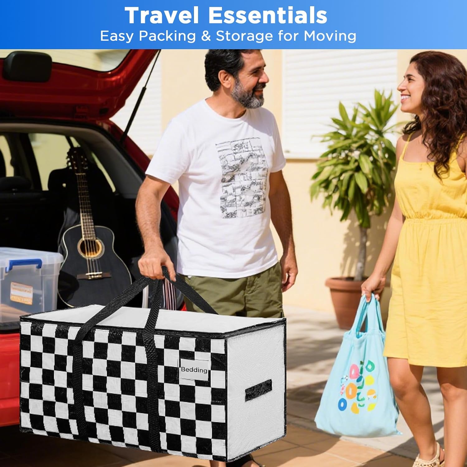 BETU 2 Pack Moving Bags Moving Storage College Dorm Camping Packing Travel PE Heavy Duty, Sturdy Handle, Zipper Large Storage Tote Bag Moving Boxes Box Alternative - White Plaid 29L x 15W x 15H