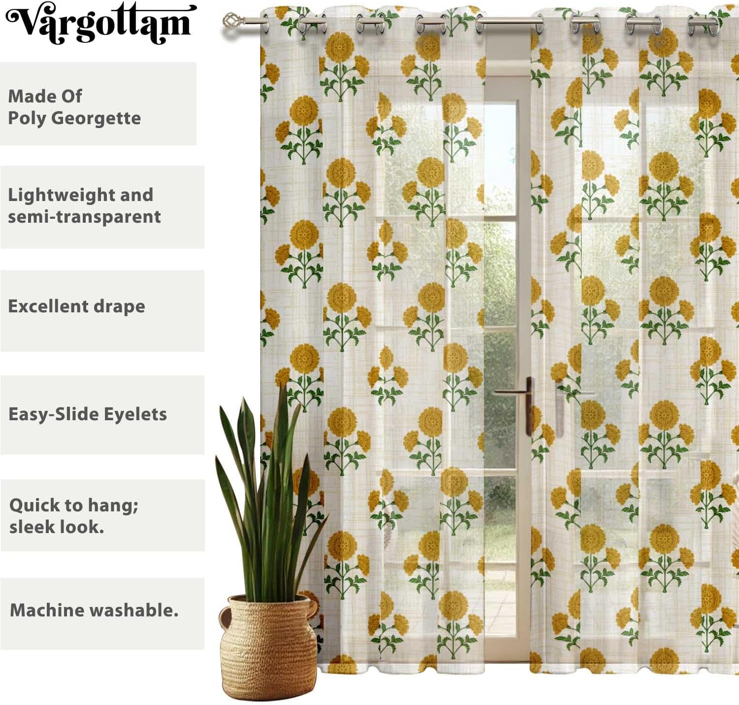 Floral Block Print Sheer Curtains for Short Windows - Set of 2 Panels, 63", Grommet Top, Printed Georgette, Light Filtering Drapes for Kitchen or Bedroom