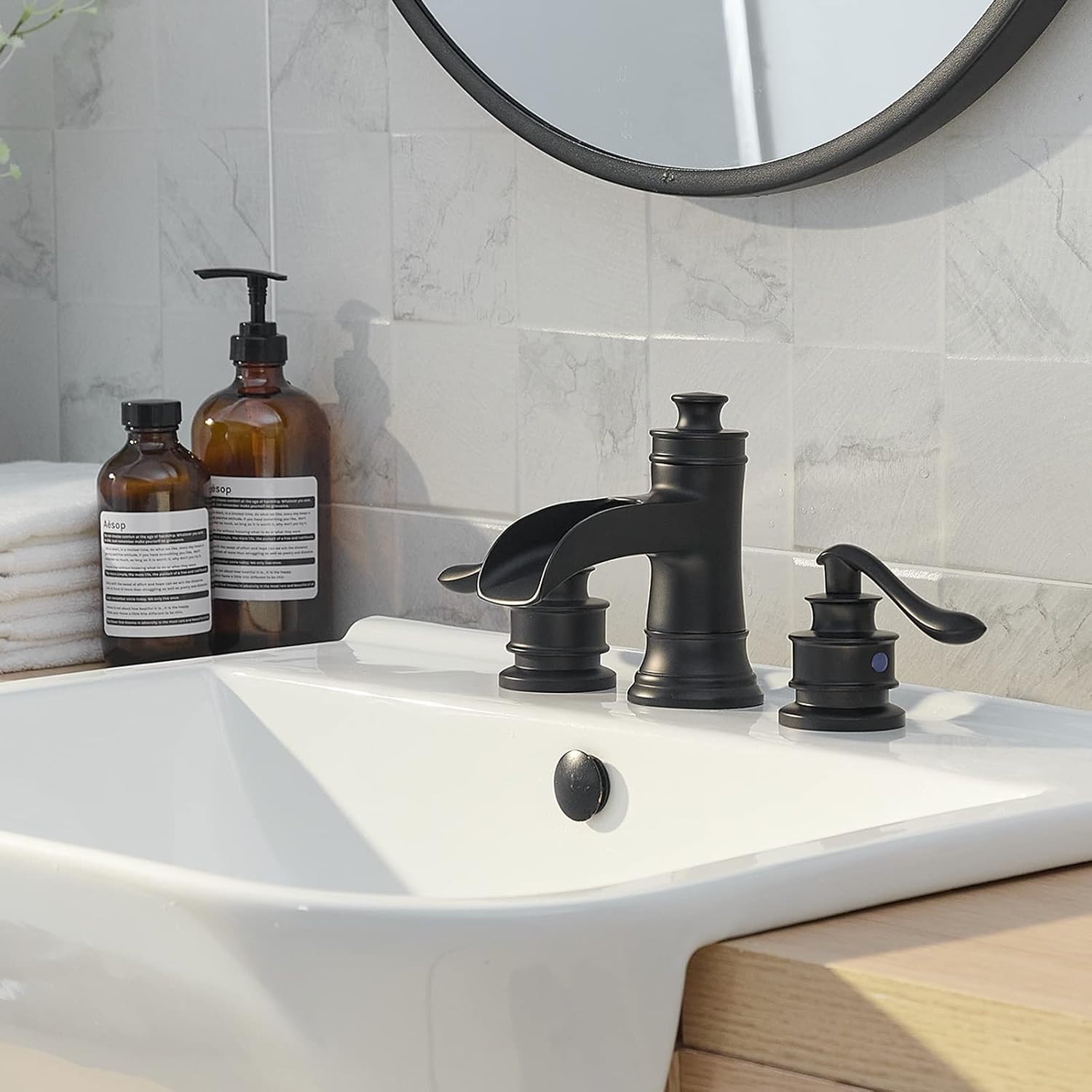 Black Widespread Bathroom Faucet, Bathroom Sink Faucet 3 Hole, Waterfall Spout Farmhouse 2 Handle 8 Inch Lavatory Vanity with Pop Up Drain with Overflow