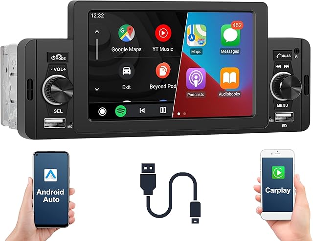 CAMECHO Single Din Car Stereo with Carplay Android Auto, 5 Inch HD Touchscreen Radio Bluetooth, FM, Mirror Link, Backup Camera, Remote Control, Fast Charging, USB Input, Car Audio