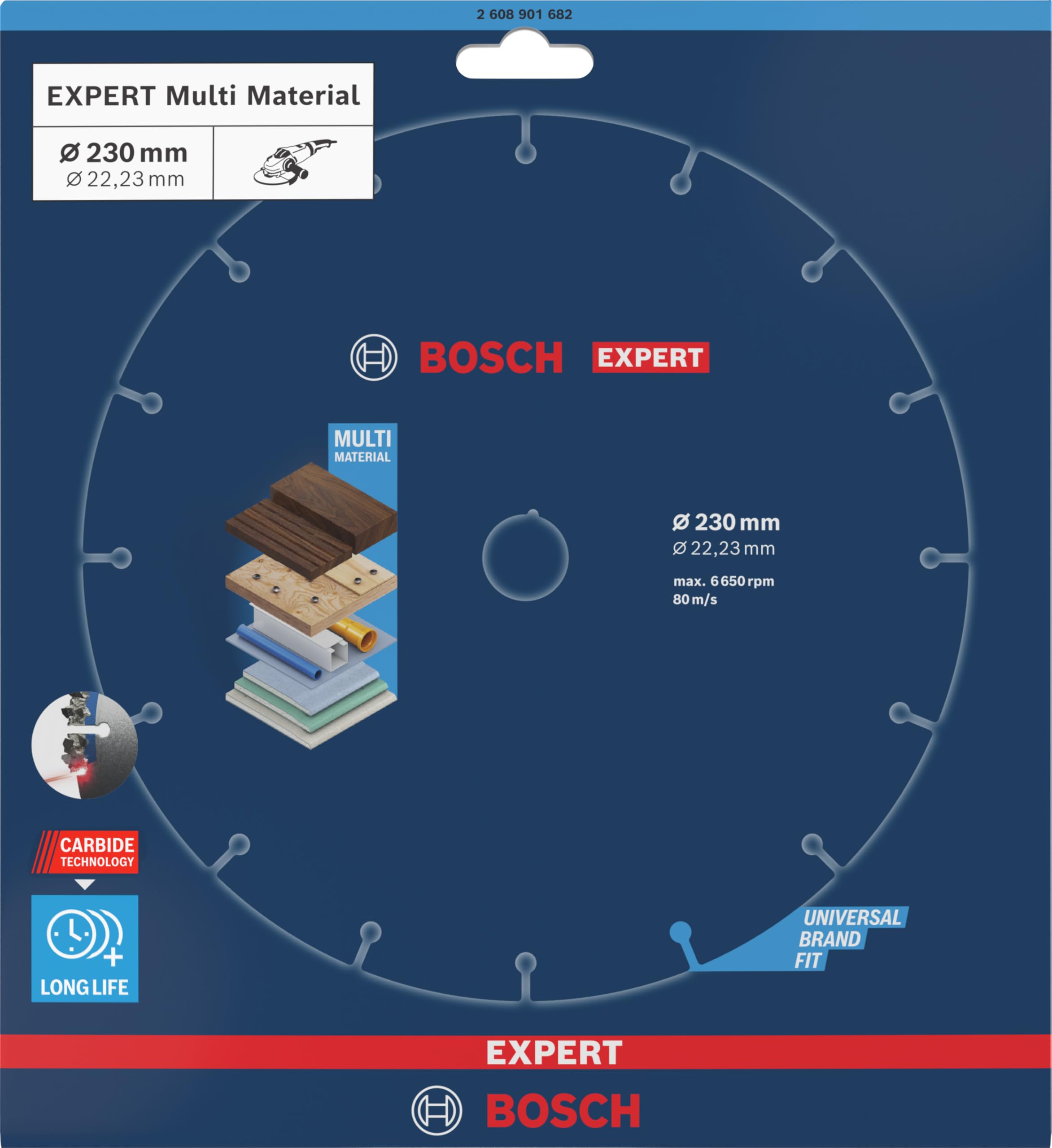 Bosch 1x Mola da taglio EXPERT Carbide Multi Wheel grandi (per Legno duro, Legno con chiodi, Ø 230 mm, Professional Accessorio Smerigliatrice angolare grande)
