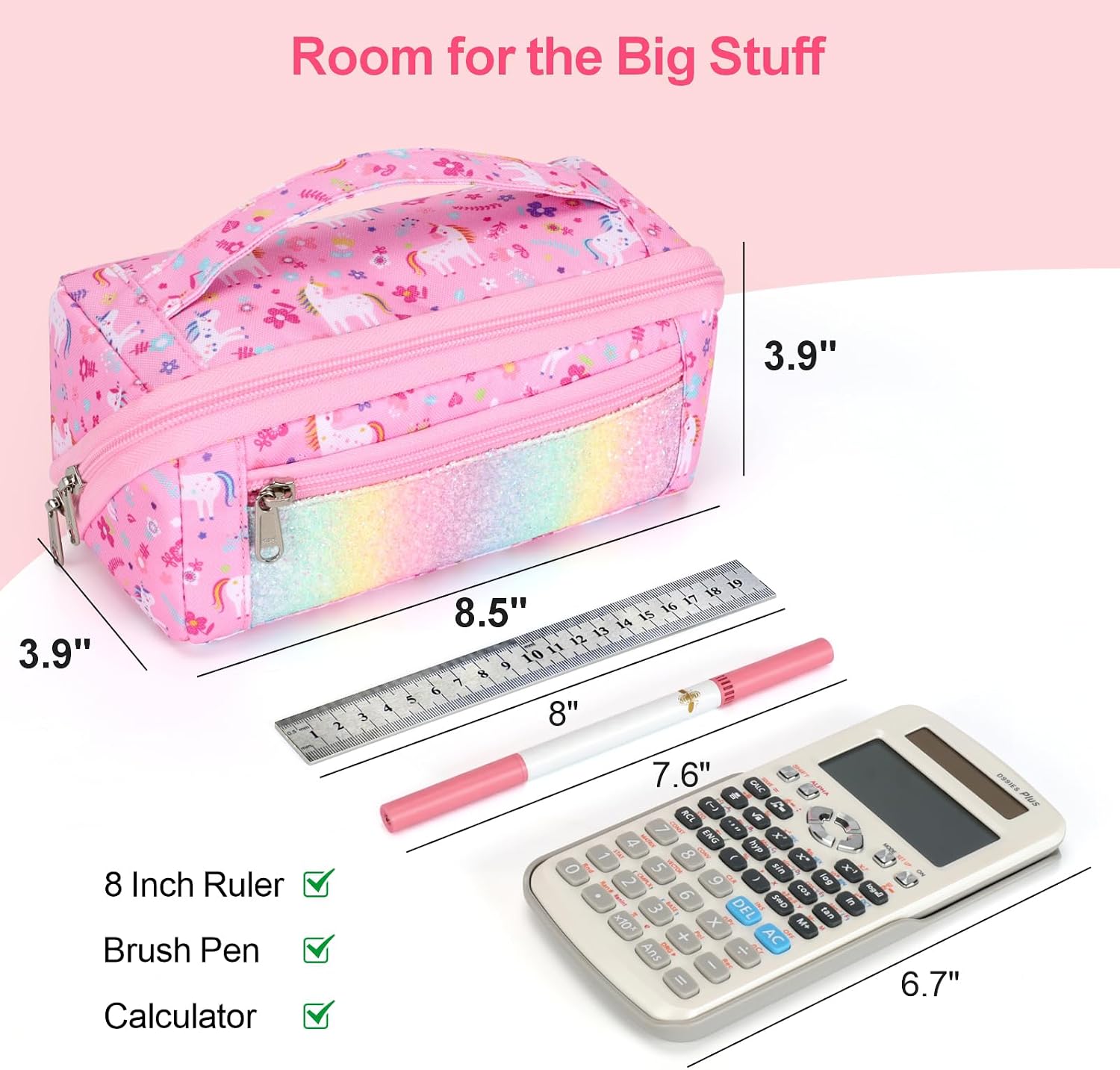 Large Pencil Case for Girls, Aesthetic Pencil Pouch for School, Wide Opening Organizer Box with Handle, Fits 50 Pens & Markers (Glitter Pink Unicorn)