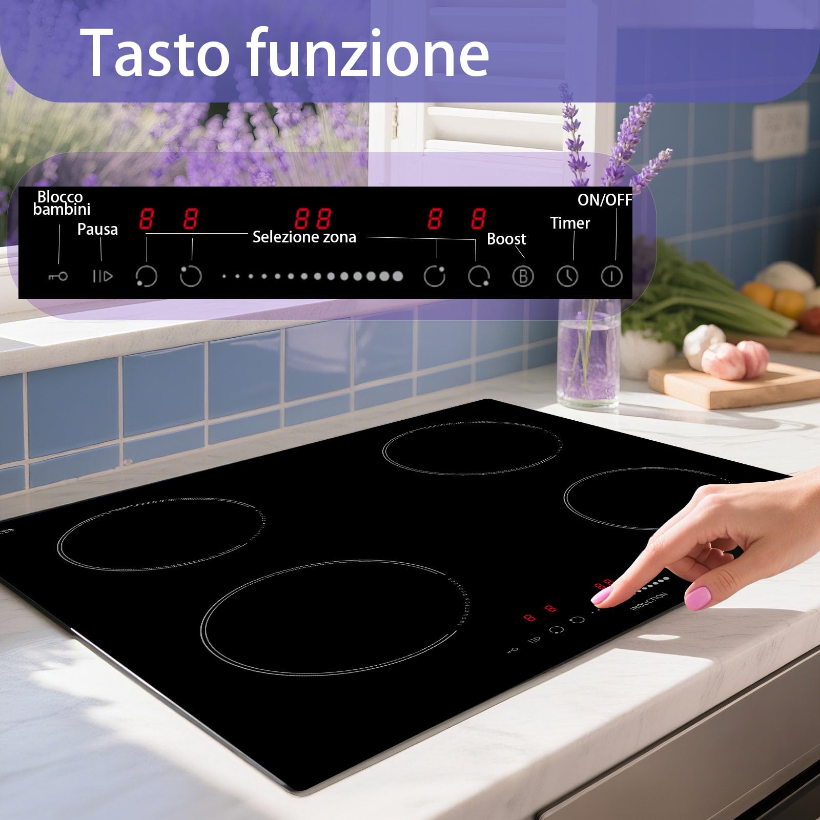 Płyta indukcyjna z 4 palnikami, 59 cm, 7400 W, płyta indukcyjna STARCHARTS z funkcją Boost, bezpieczeństwo dzieci, suwak dotykowy, pauza, timer, szkło Italy ILVA