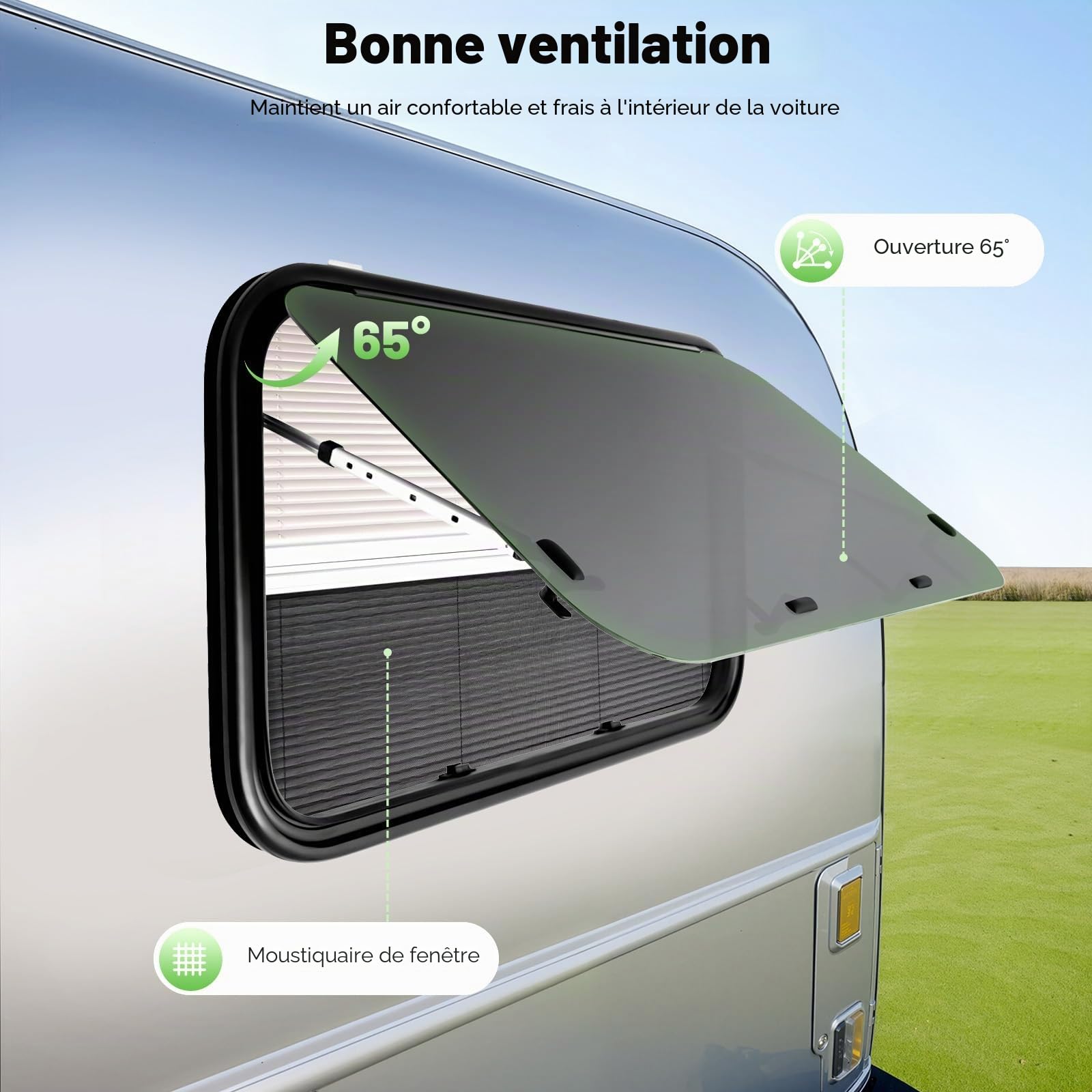 DIFU Fenêtre de caravane - 900 x 550 mm - Certifié ECE 43R - En verre trempé - XL - Avec moustiquaire et store - Protection contre les insectes