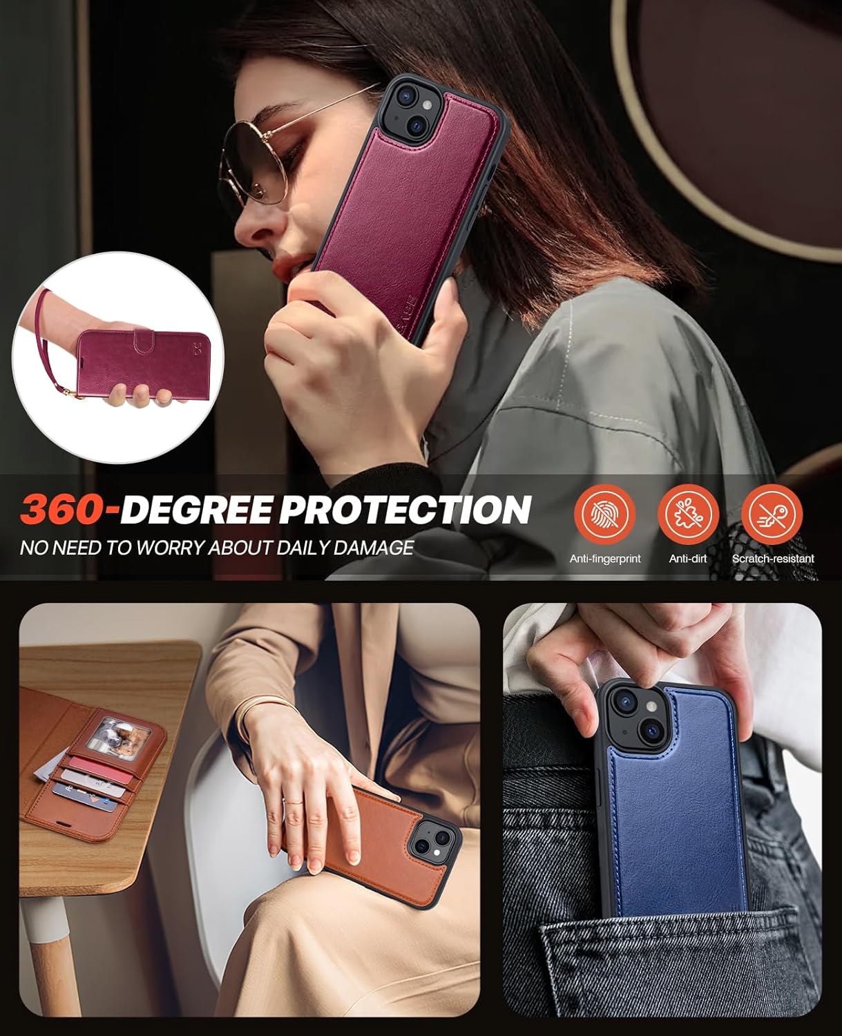 OCASE for iPhone 15 Case Detachable Wallet Case with Card Holder, 2 in 1 Pu Leather Flip Folio with RFID Blocking Stand Wrist Strap Shockproof Phone Cover 6.1 Inch 2023, Burgundy