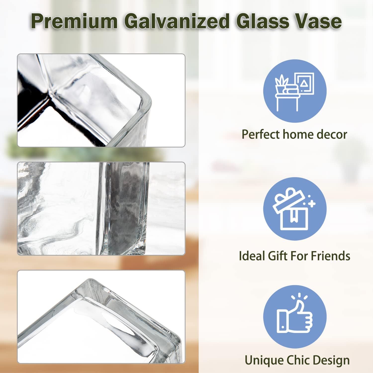 Square Glass Vases 5"x5" Cube Galvanized Vase Planter Candle Holder for Home Office Centerpiece Garden Wedding Party Decor, Set of 4