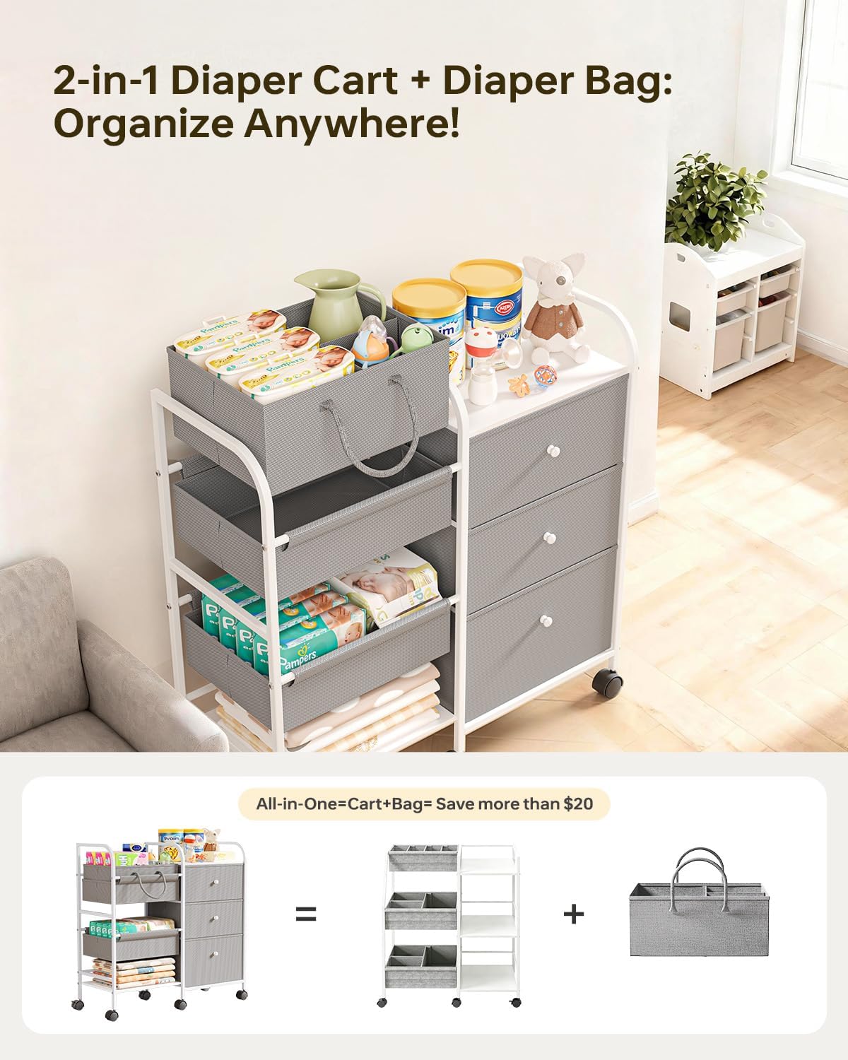 2in1 Baby Diaper Caddy Organizer and Storage Cart with Dividers and Drawers