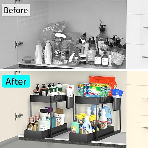 Miniatura 8 de Organizadores y almacenamiento para debajo del fregadero, organizador de armario de baño deslizante de 2 niveles con ganchos y taza, estante de