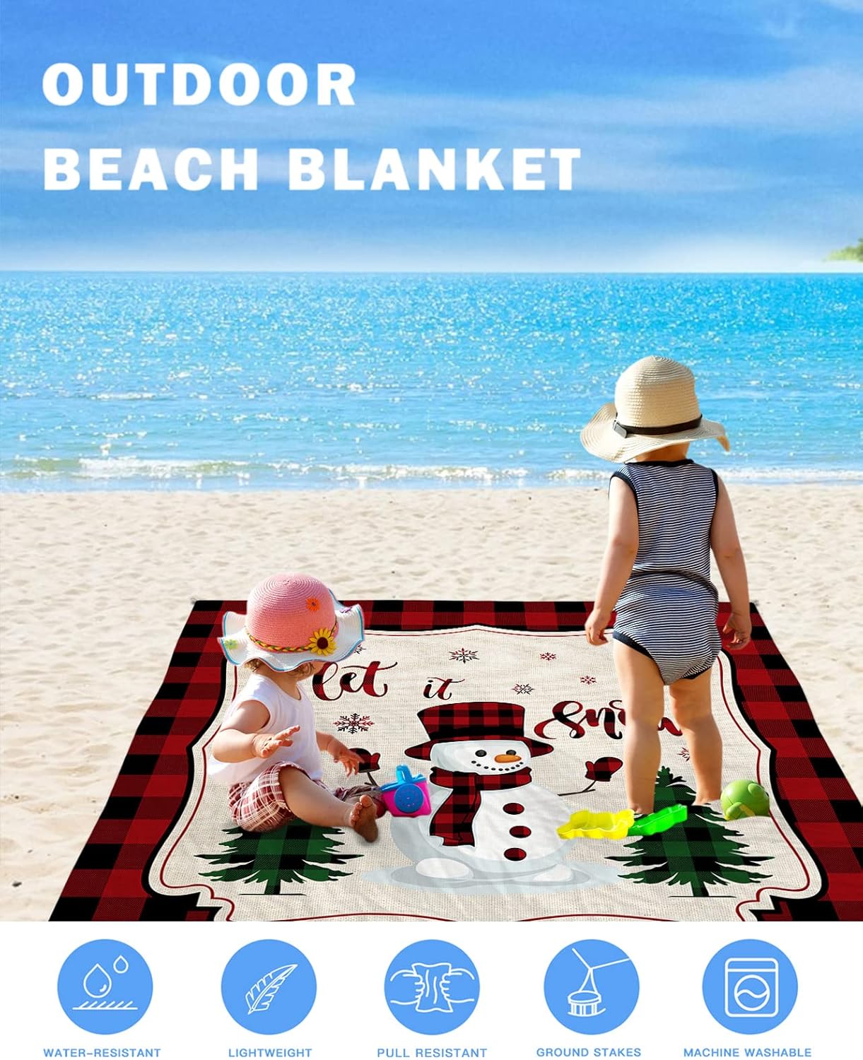Christmas Topper Snowman Red Black Buffalo Plaid Hat Beach Blanket Waterproof Sandproof Outdoor Picnic Mat 83"x79" Xmas Tree Lightweight Large Beaach Blankets with 4 Stake & 4 Corner Pockets