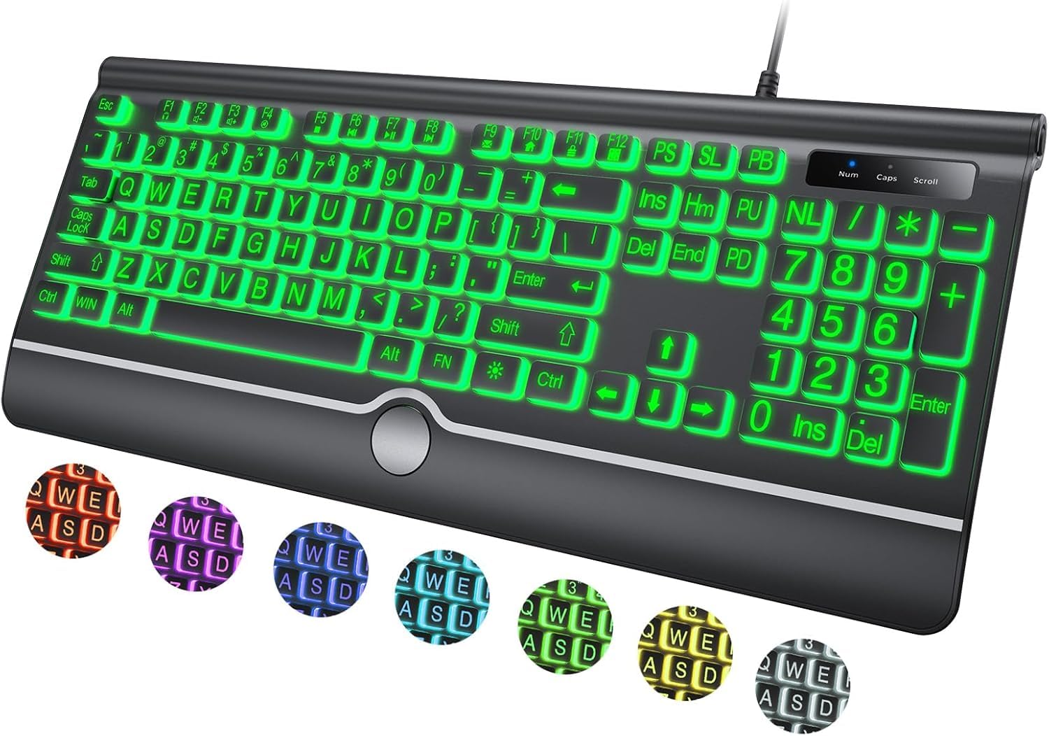 Large Print Backlit Keyboard, 7-Color Backlit Keyboard with Wrist Rest, USB Plug-and-Play, Oversize Letters Keys Easy to See and Type, Wired Light Up Keyboard for Laptop, PC, Gaming (Black, Large) Black Large