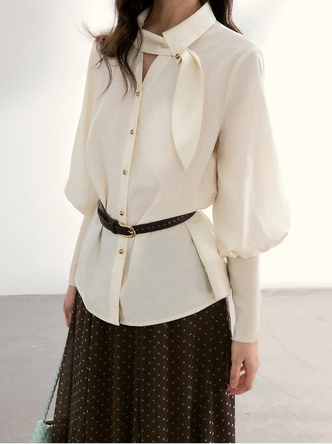Women's Tie Neck Shirts Spring Hollow-Out Knitted Puff Sleeve Tops Casual Office Shirt for Ladies