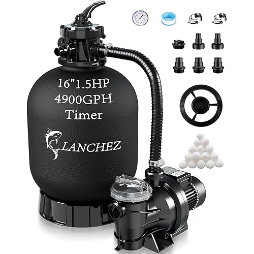 LANCHEZ Sand Filter with Pool Pump, Above Ground Pool Pump, 7-Way Valve Sand Filter Pump System, 16"(4,900GPH)