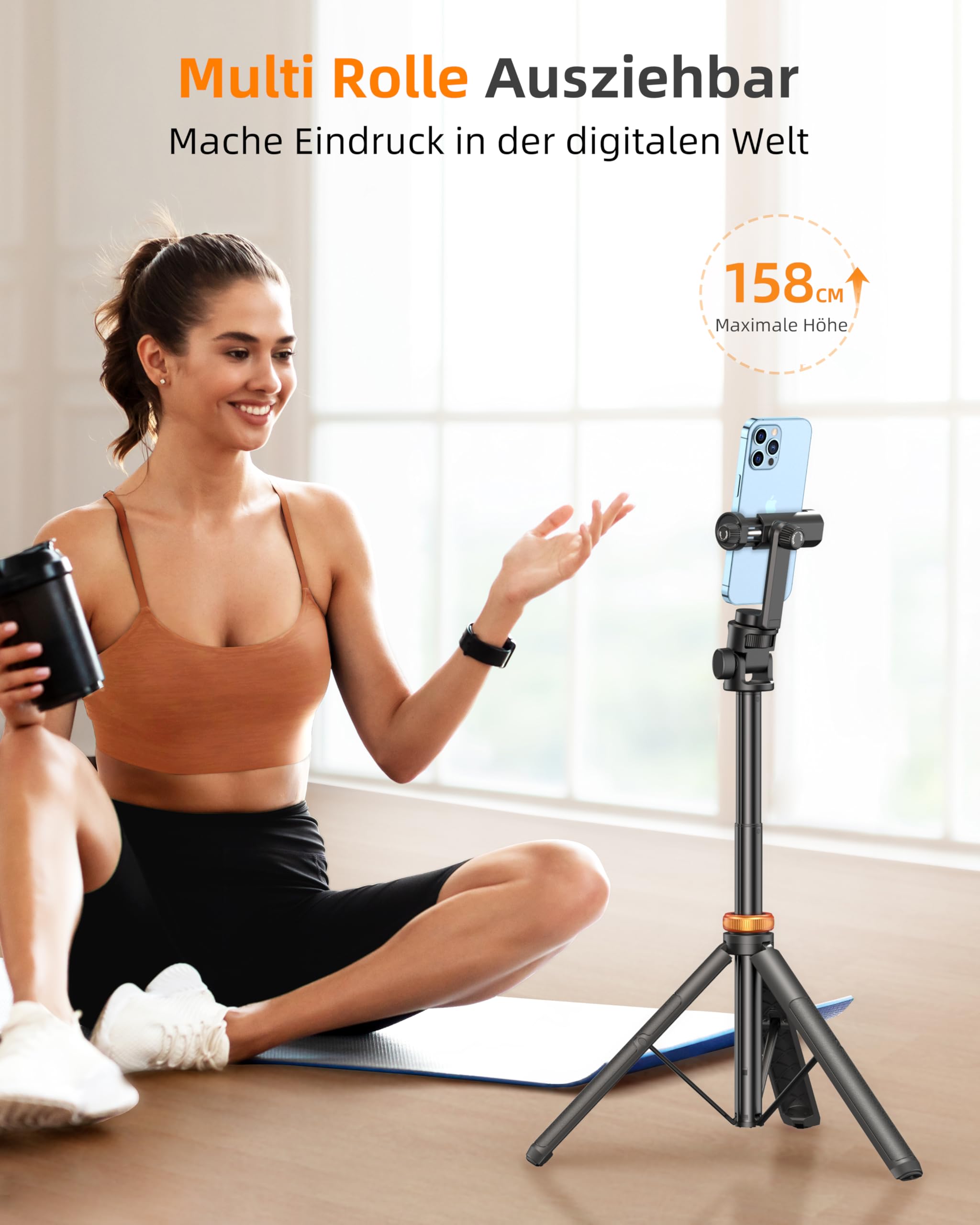 Handy Stativ, Stativ für Smartphone und Selfie Stick mit Fernbedienung, 158CM Hochrobust Strukturkomponenten und Ausziehsegment, Ausziehbar Drehbar Handyhalter, Stative für iPhone/Android