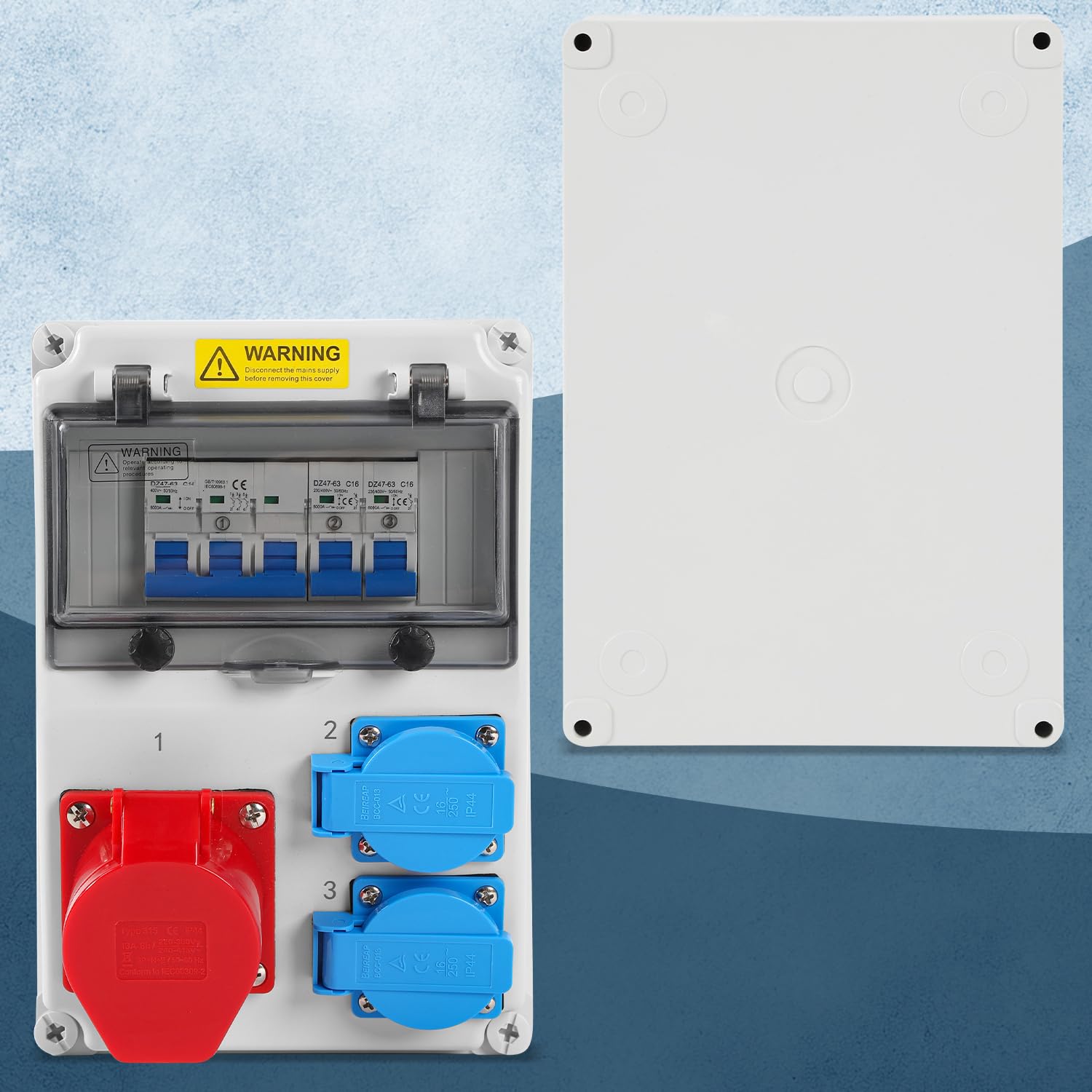 Stromverteiler 16A Industrie IP65 Wandverteiler mit 2x Schuko und CEE 16A 5-polig, mehrfach abgesichert mit LS-Schaltern, robuster Baustromverteiler für Gewerbe und Außenmontage