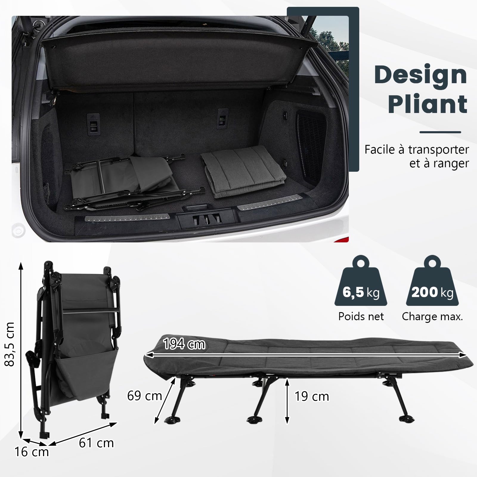 GYMAX Lit de Camping Pliable avec Oreiller Amovible, Dossier Réglable en 5 Positions, Matelas Confortable, Chaise Longue Portable pour Pique-Nique, Randonnée, Plage, Charge 200 KG