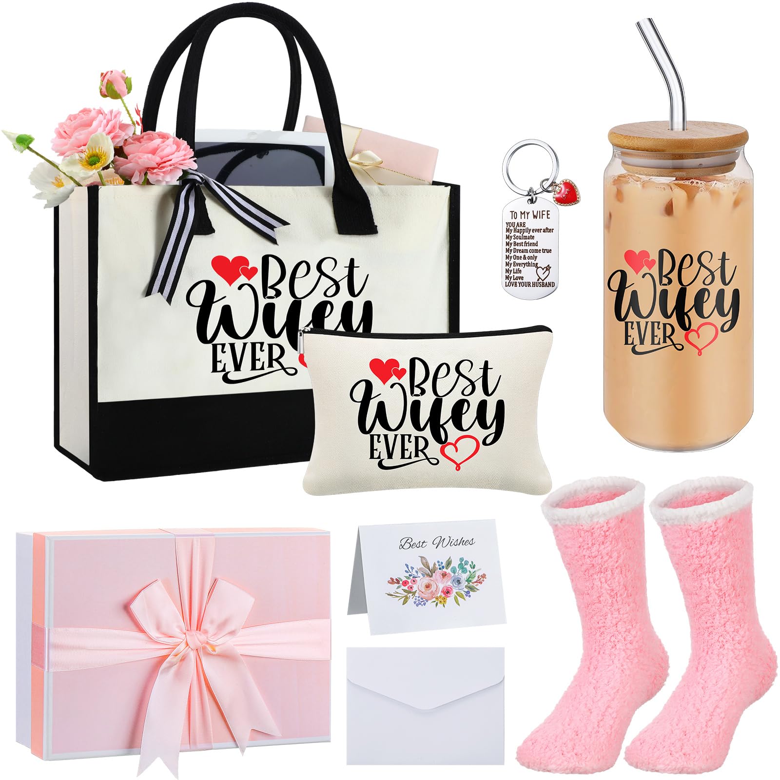 Photo 1 of 7 Pcs Valentines Day Wifey Gift Sets Tote Bag Makeup Bag 18 oz Glass Socks Keychain Thank You Card and Gift Box for Valentine's Day Wedding Anniversary, Birthday Gifts for Wife from Husband