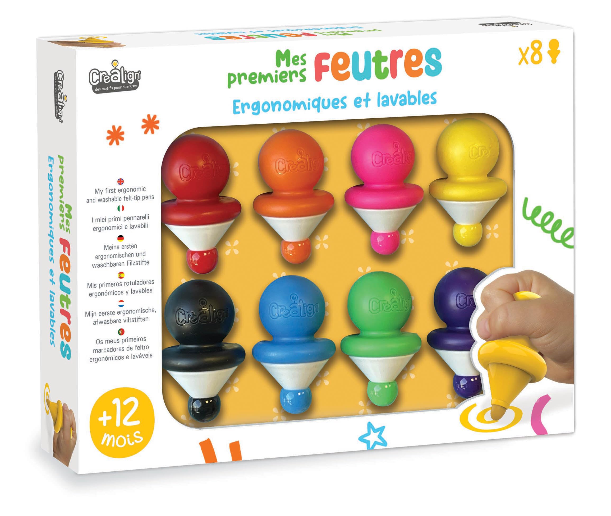 Créa Lign | Mes Premiers Feutres x8 - Dès 12 Mois | Feutres Lavables Bébé | Embout Arrondi | Forme Ergonomique | Encre Adaptée aux Jeunes Enfants | Activité Créative