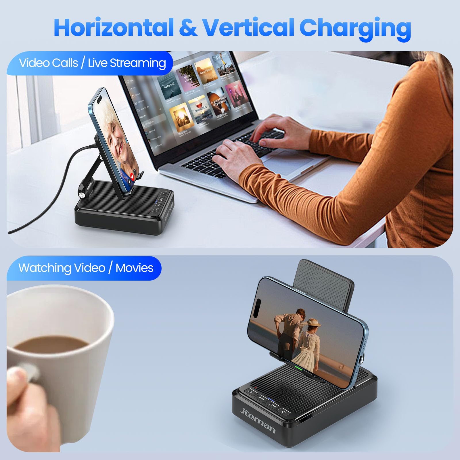 Jteman Cell Phone Stand with Bluetooth Speaker and Wireless Charger,Desktop Charging Station Stand Speaker for iPhone,Christmas Birthday Gift for Men Women (Black)