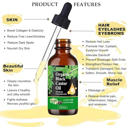 Miniatura 3 de Etimisa Aceite de ricino negro orgánico, 100% puro natural, prensado en frío, botellas de vidrio, cabello, cuidado de cejas, cuidado de la piel,