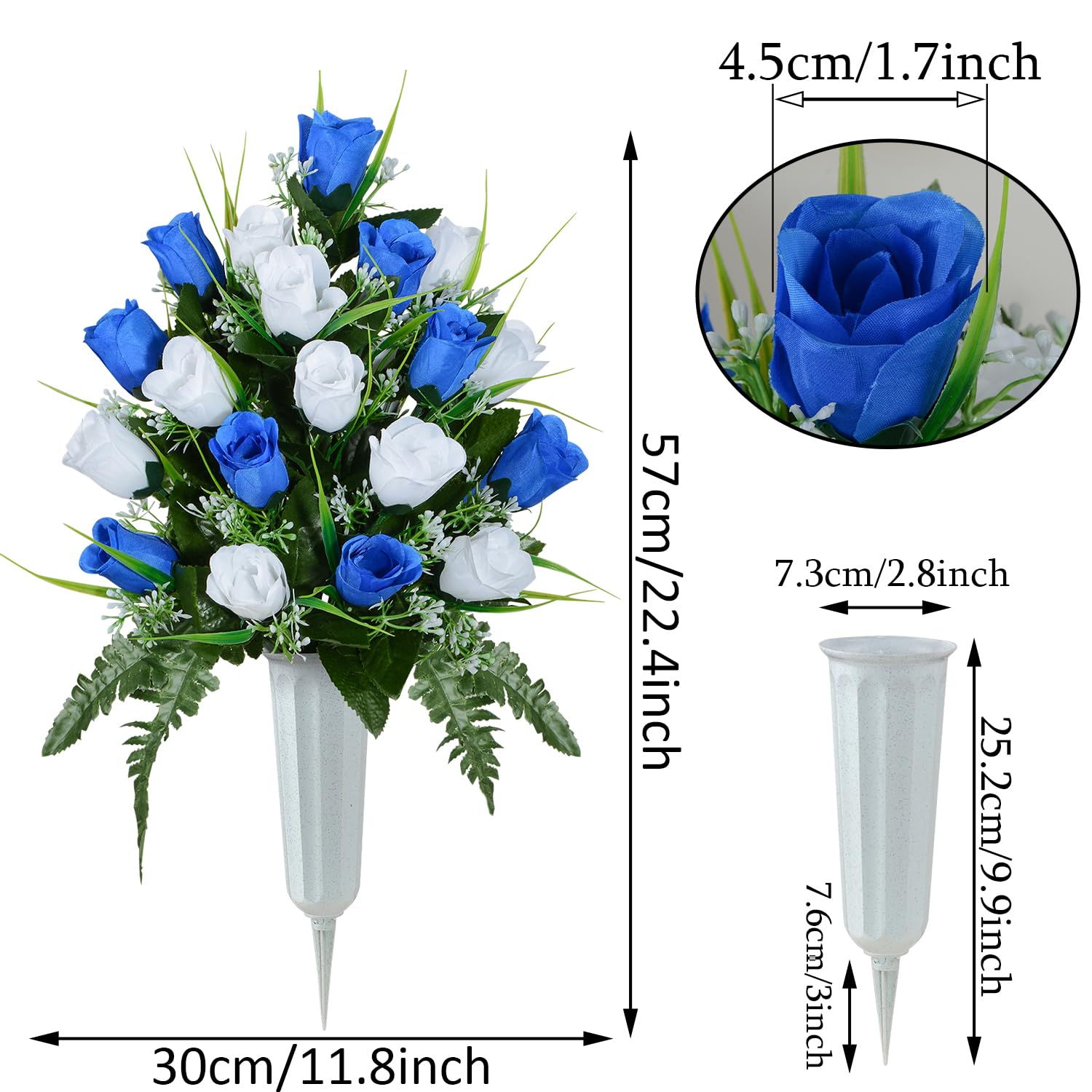 XONOR Artificial Cemetery Flowers, Grave Decorations Roses, Memorial Flowers Bouquet with Cemetery Vase, 2 Sets (Dark Blue&White)