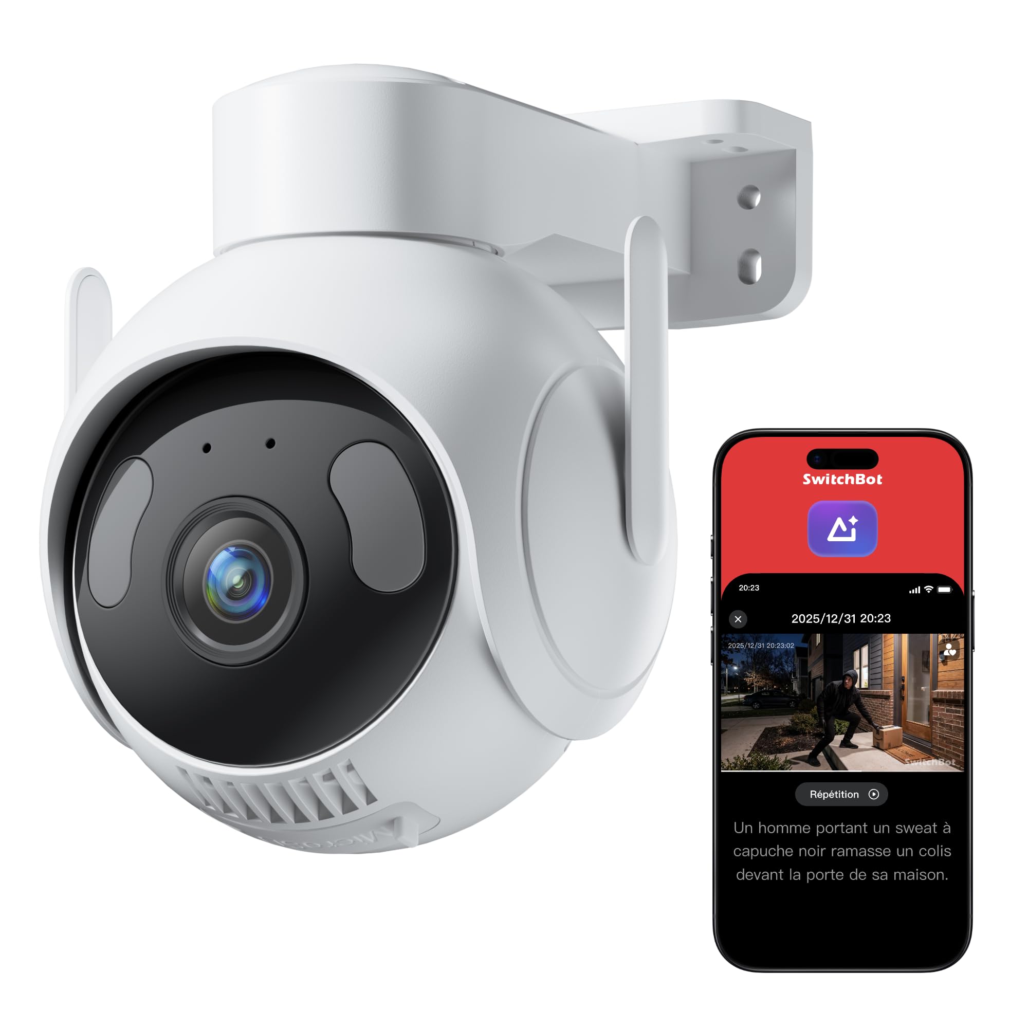 SwitchBot 3K Camera Surveillance WiFi Exterieure, avec Recherche Vidéo IA, Alertes De Scène, Rapports Quotidiens, PTZ Suivi Auto 360°, Wi-FI 2,4 Ghz, Alexa, Google Home, RTSP