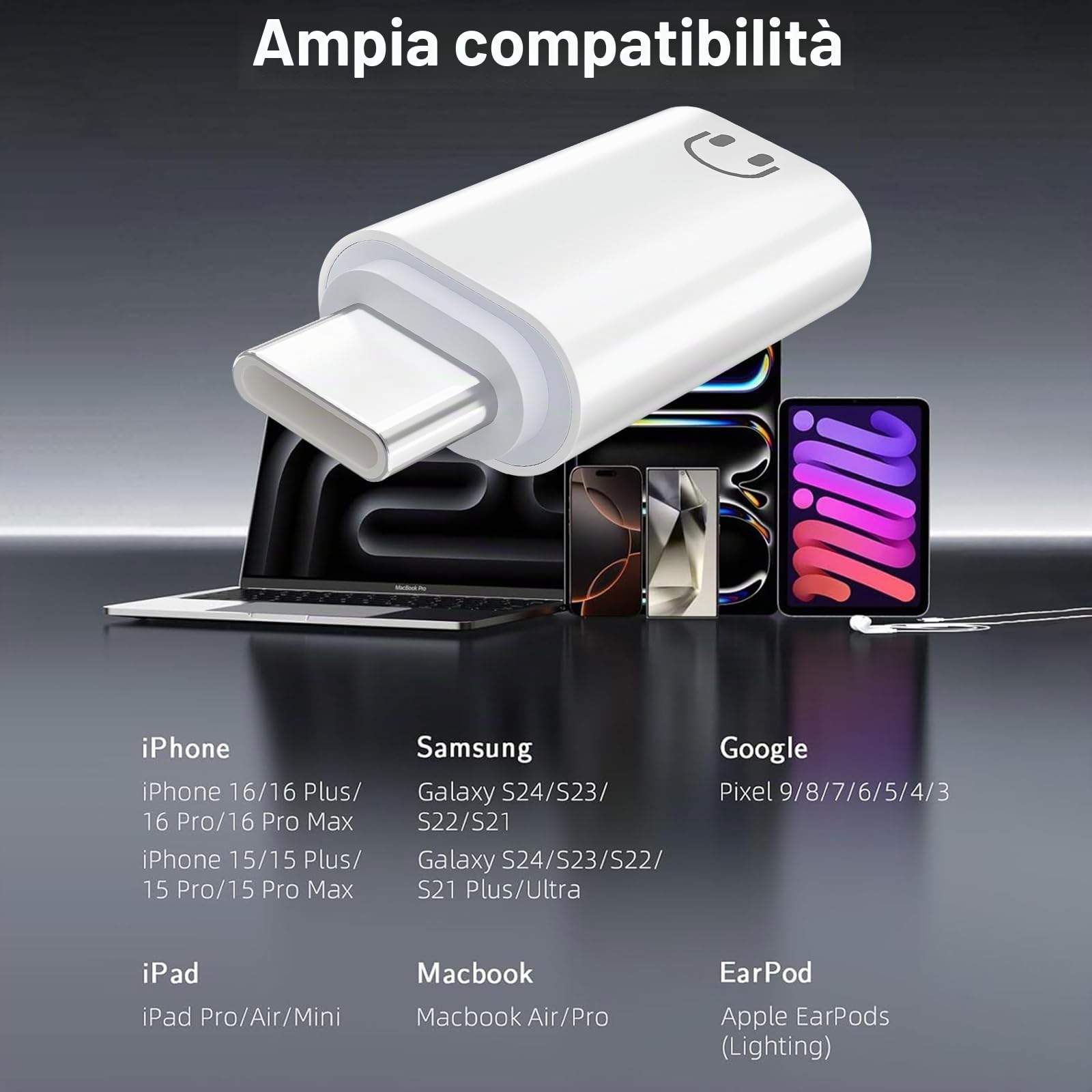 Adattatore audio USB C a Lightning per iPhone 17/16/15 Pad Air/Mini 6 Samsung, Hi-Fi, bianco