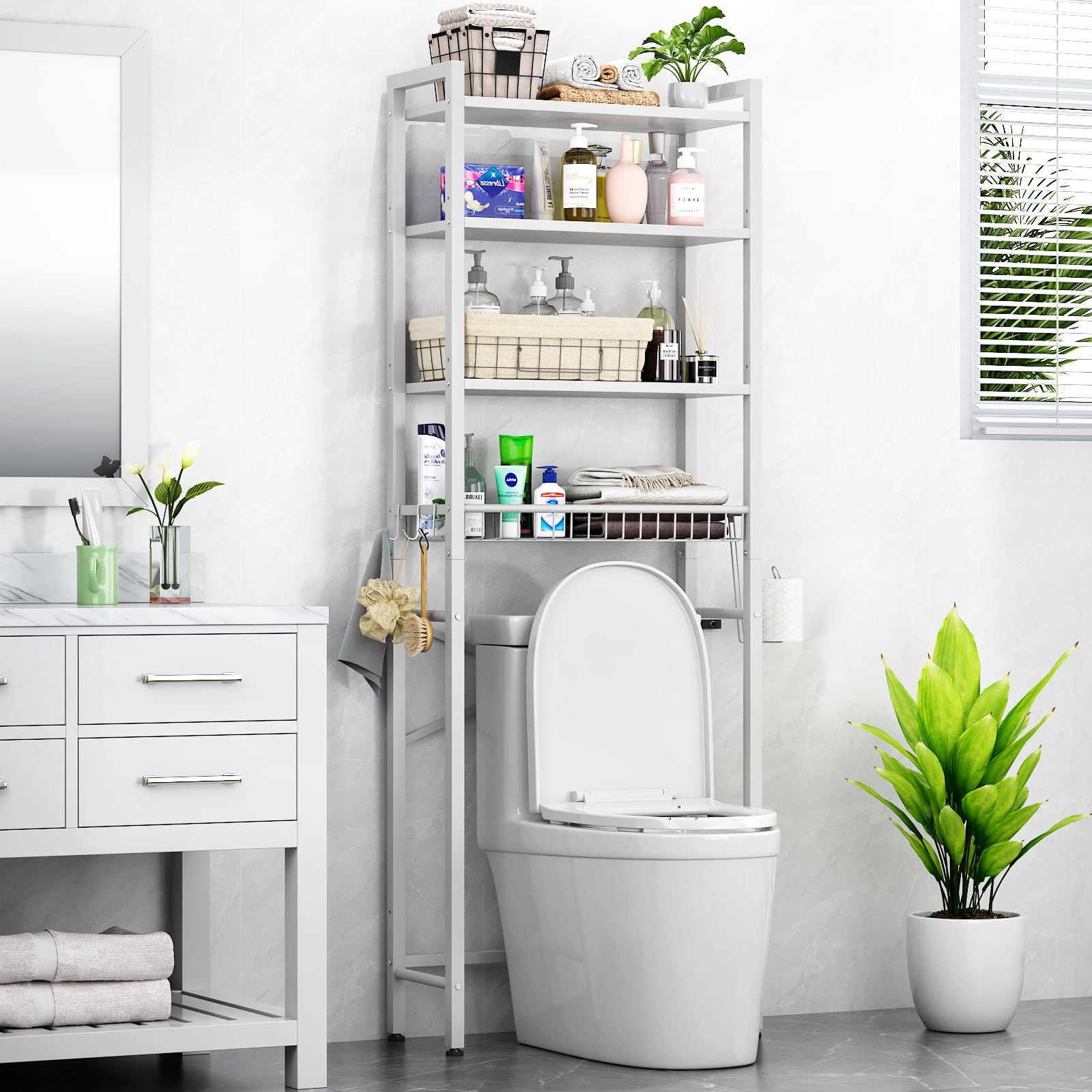 Estante de Baño, Estante Multifuncional Ajustable de 4 Niveles para el Baño, Estante sobre el Inodoro con Cestas, Estante Ahorra Espacio, Fácil de Montar - Blanco