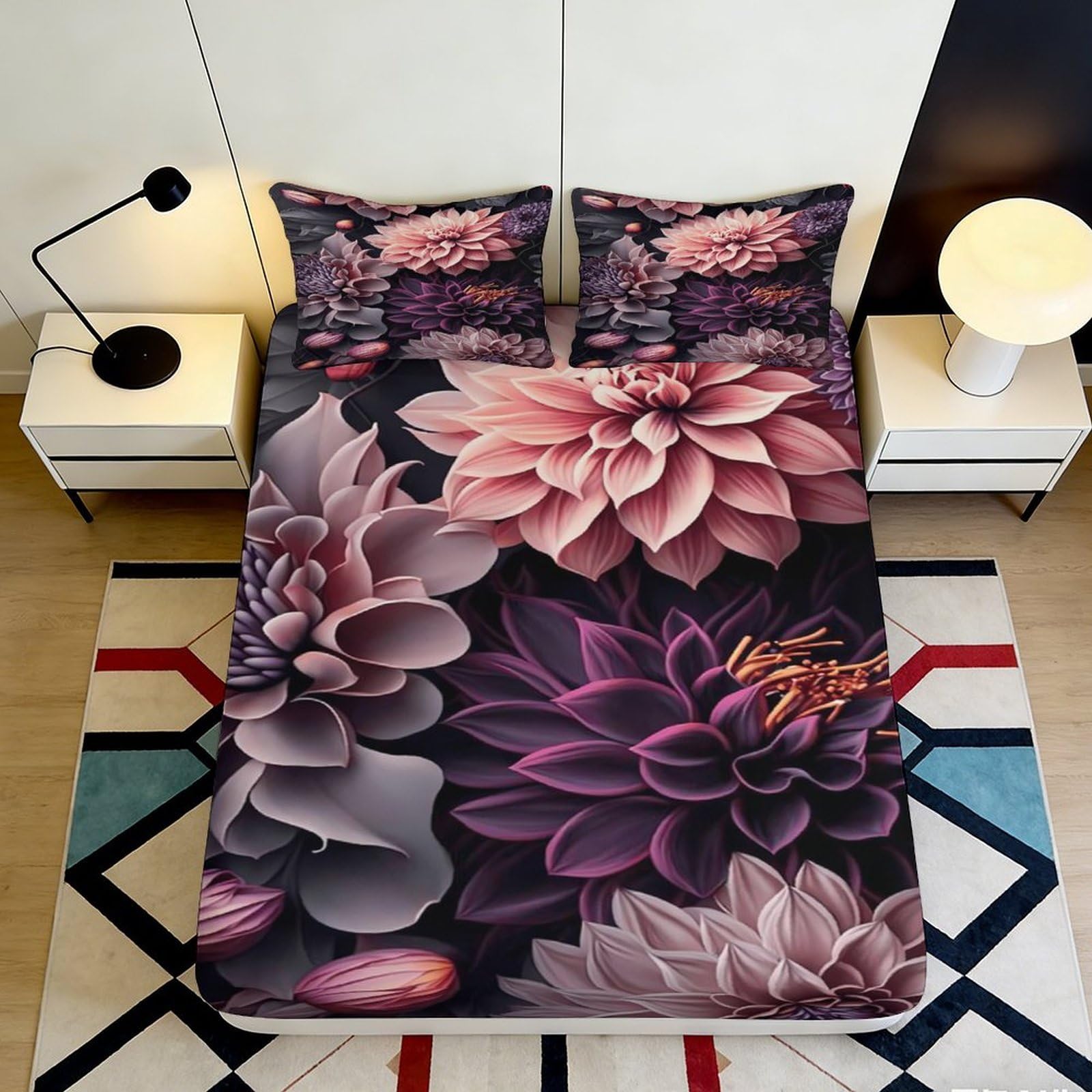 Pnayamiorkfel Style-6 3D Printed Large Pink Dahlia Fitted Sheet Microfiber Soft Flower Bed Cover For Bedroom Dorm Room Mattress Protector 90X200x25cm