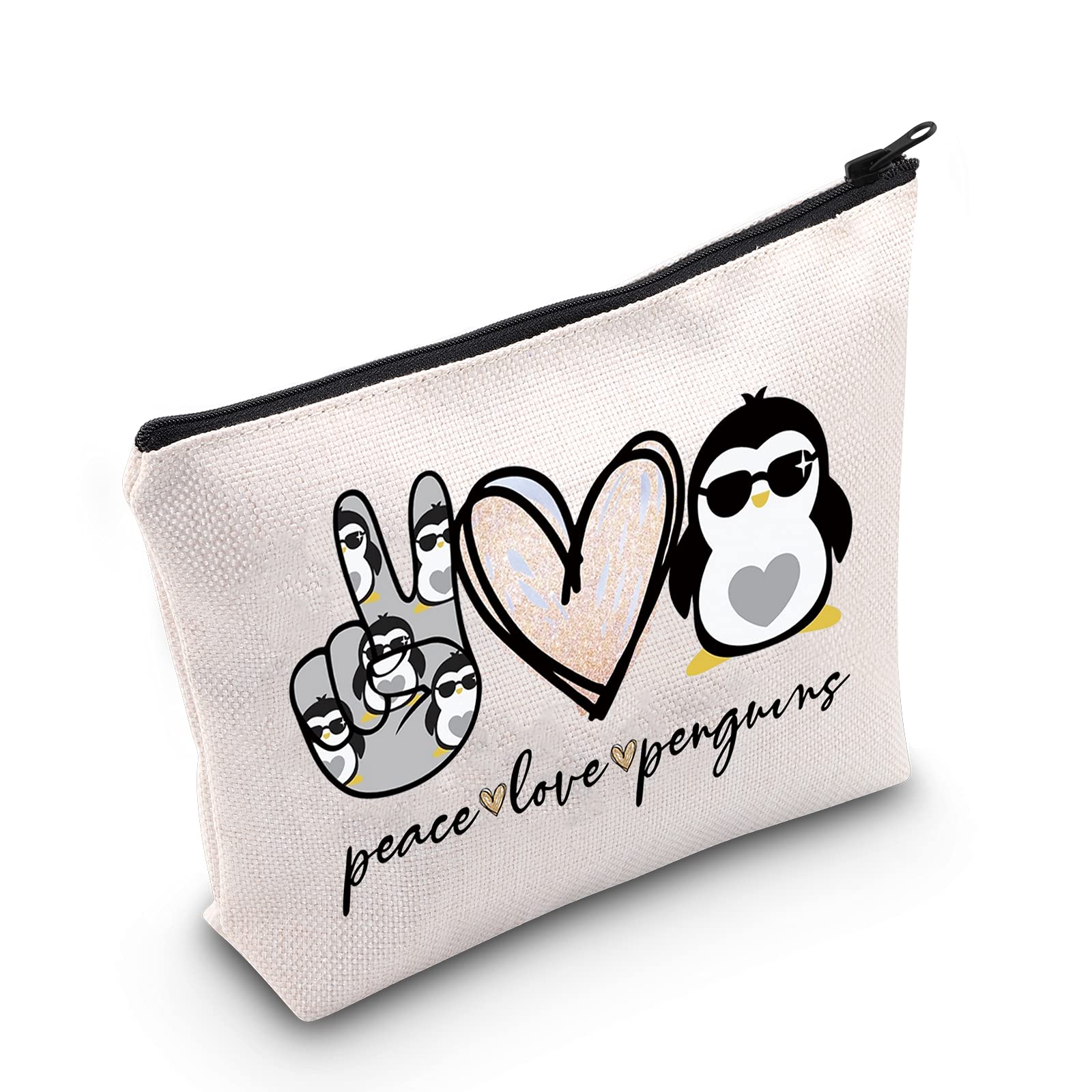 LEVLO Funny Penguins Cosmetic Make up Bag Animal Lover Gift Peace Love Penguins Makeup Zipper Pouch Bag Penguins Lover Gift For Women Girls, Peace Love Penguins, Make Up Bag