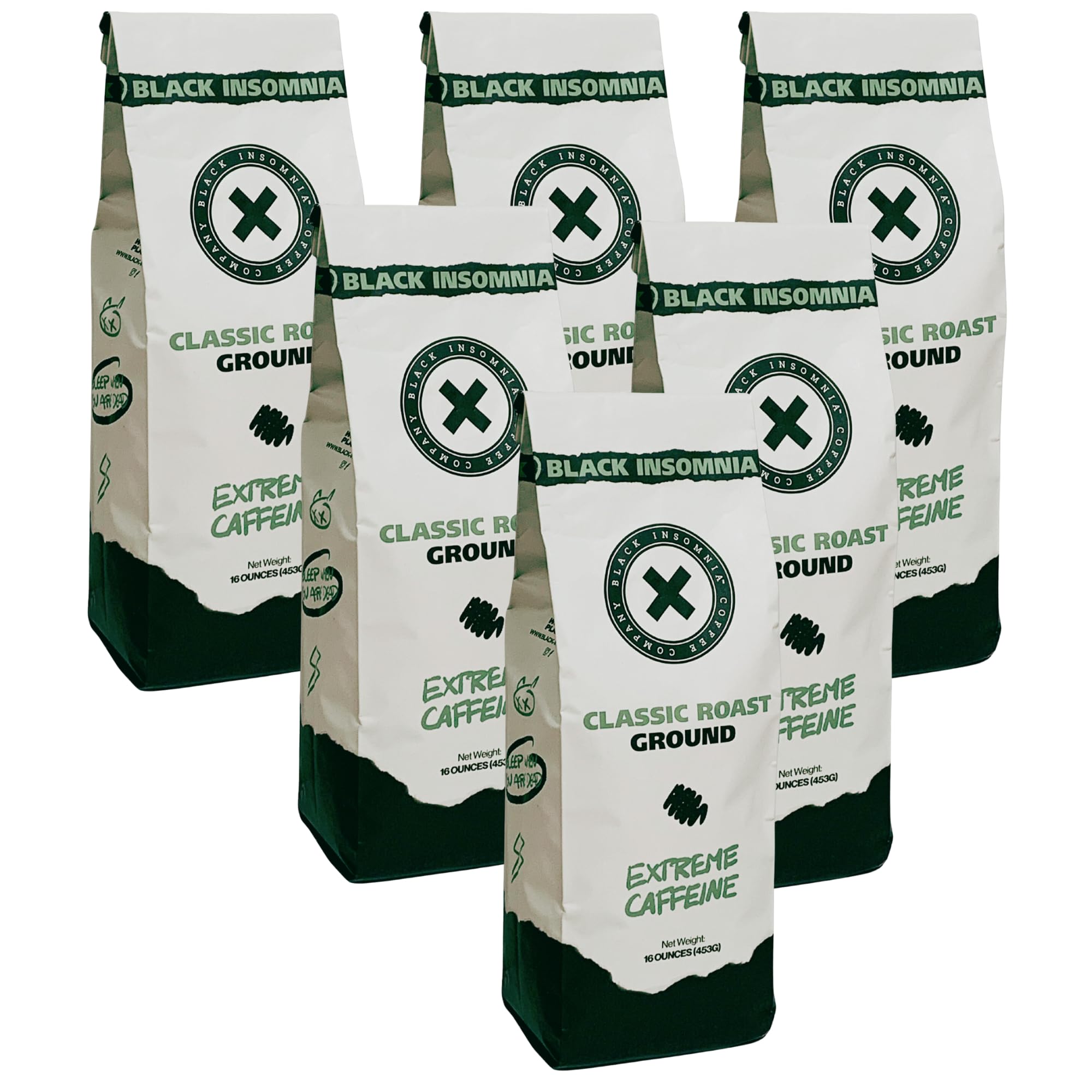 Black Insomnia Extreme Caffeine Coffee - World's Strongest Highly Caffeinated Coffee - Classic Roast Ground - 1lb (Pack of 6)