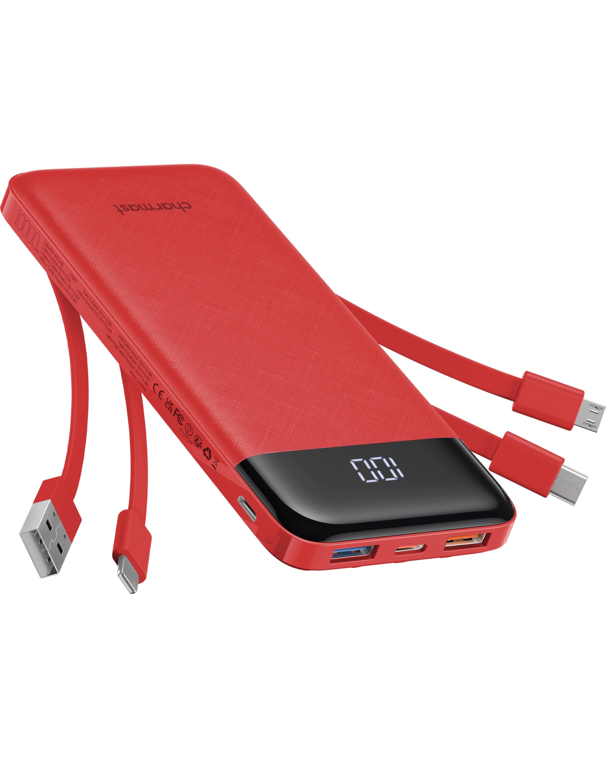 Charmast Power Bank with Built in Cables X 4, 10000mAh USB C Battery pack 6 Outputs 3 Inputs with LED Display Type C Powerbank Portable Charger Compatible with Smartphones Tablets and More