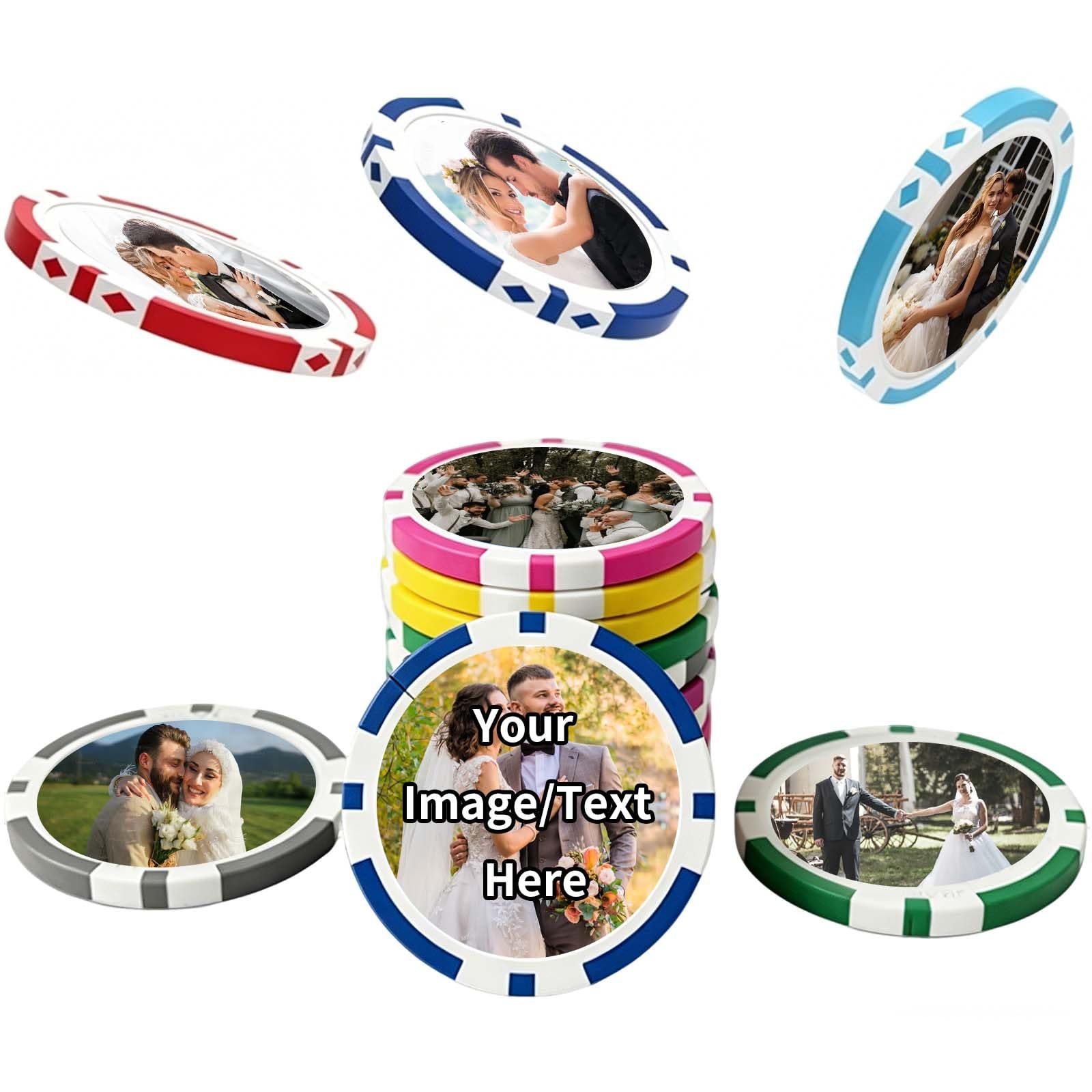 RSQGT 25-500 Pieces Custom Poker Chips, Double-Sided Full Colour Printing, Personalised Logo/Text/Images for Weddings, Corporate Events, Bar Tokens & Graduation Gifts (Wedding Poker Chips)