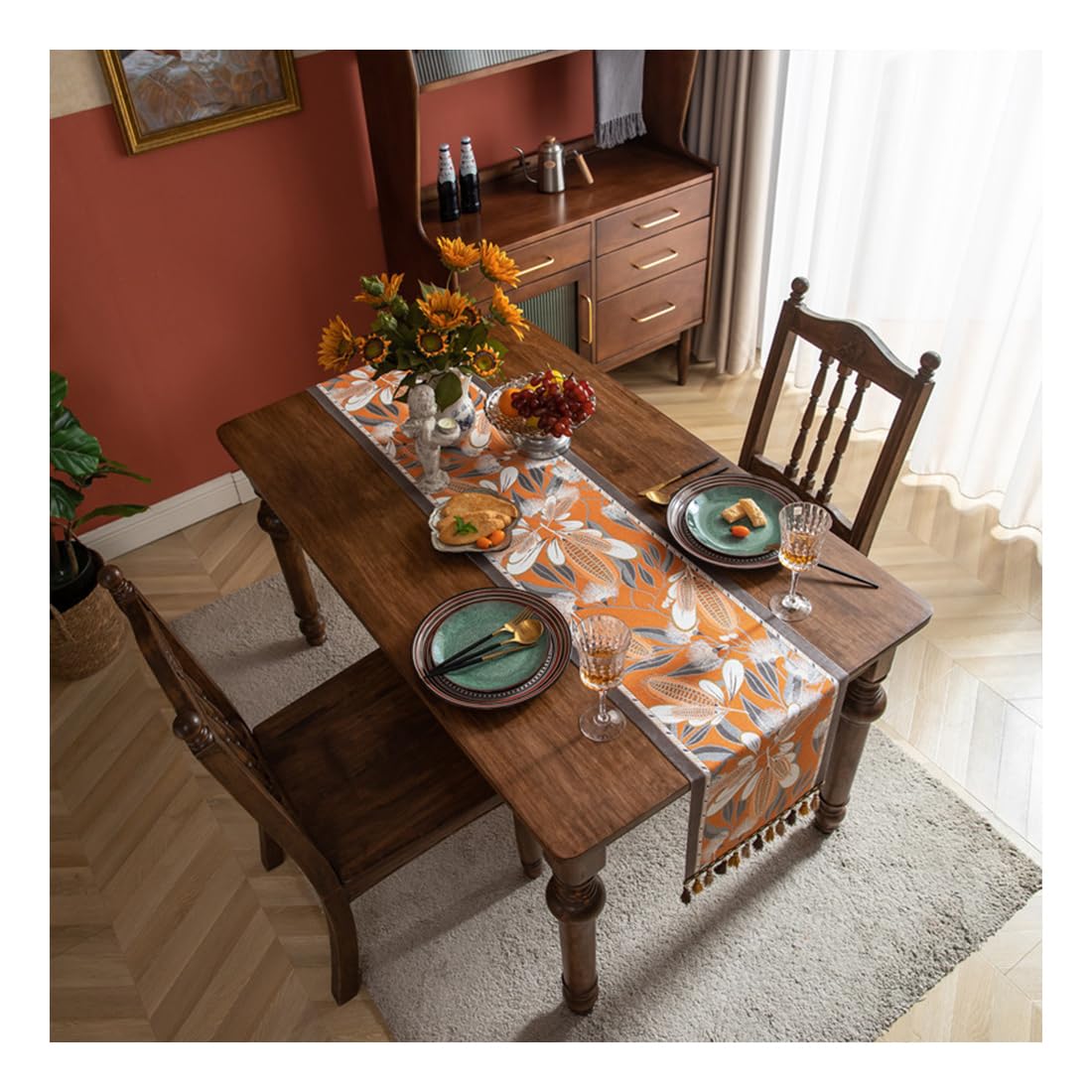NIUSABOU Kitchen Dining TableDecoration, Nordic Table Runner Corn Jacquard Tassel Birthday Party Decor Multicolor 35x140-300cm(Orange,35x300cm(13.7x118.1in))