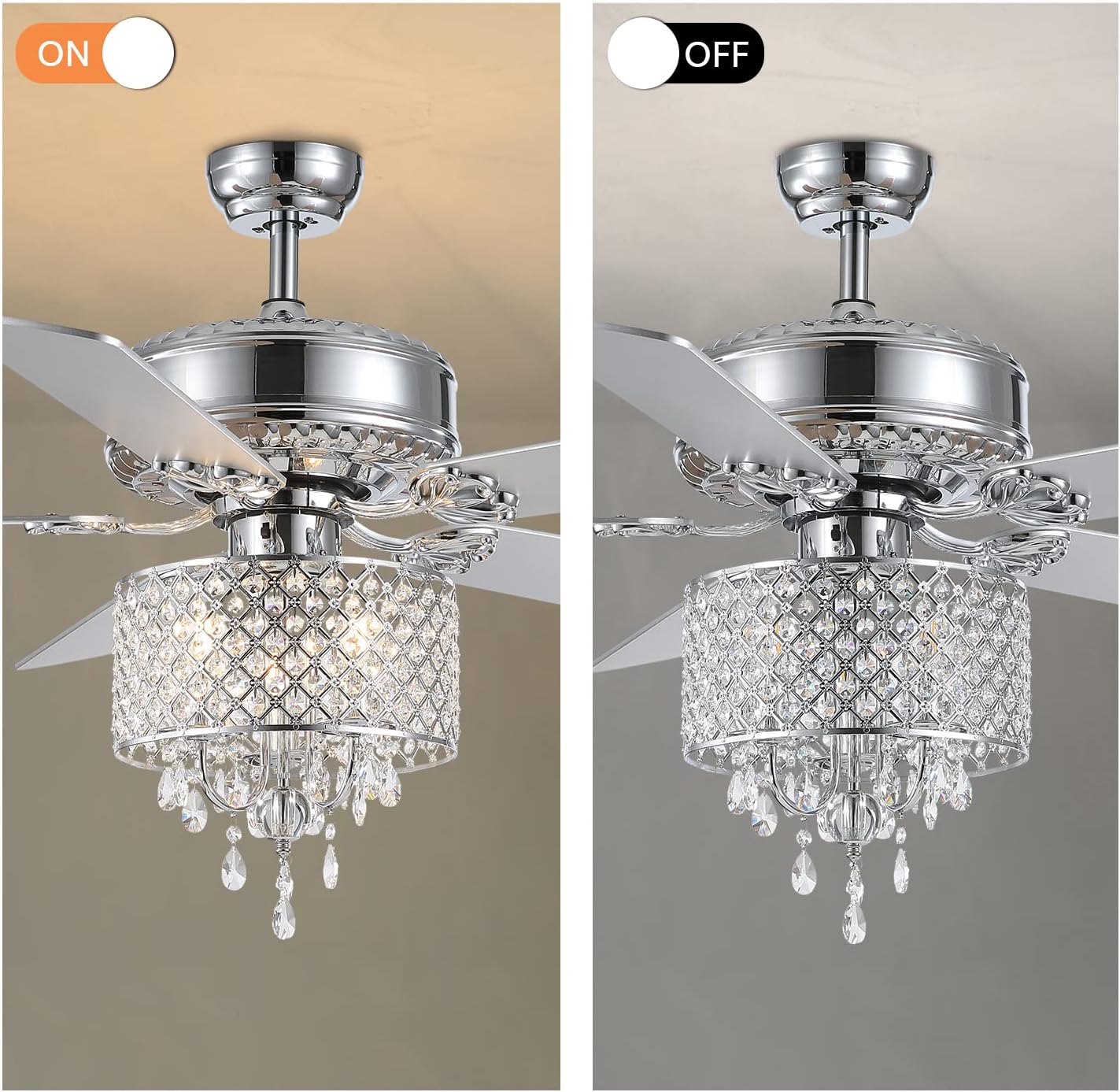 Limited Stock APBEAMLighting 52 Inch Crystal Ceiling Fan Light Modern Elegant Fandelier Fan Indoor Chandelier Fans 5 Reversible Wood Blades 3 Speeds with Remote Control for Living Dining Room