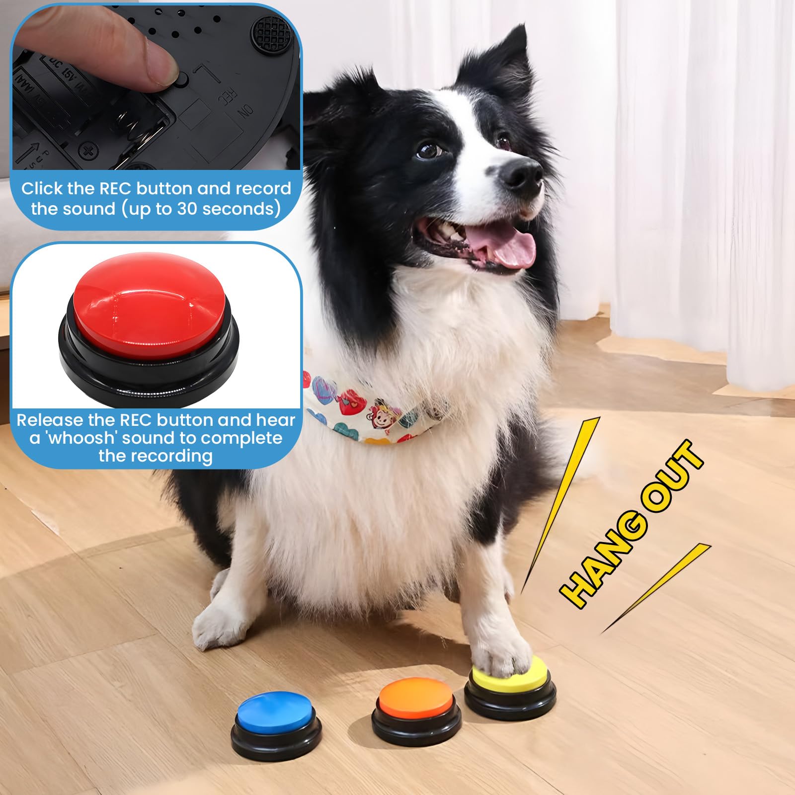 Mein HERZ Lot de 6 Buzzer Enregistrable, Bouton de Communication pour Chien Boutons pour Chien Buzzers pour Formation Chien Chat Jeux Maison,Enregistrement et Lecture de 30 Secondes